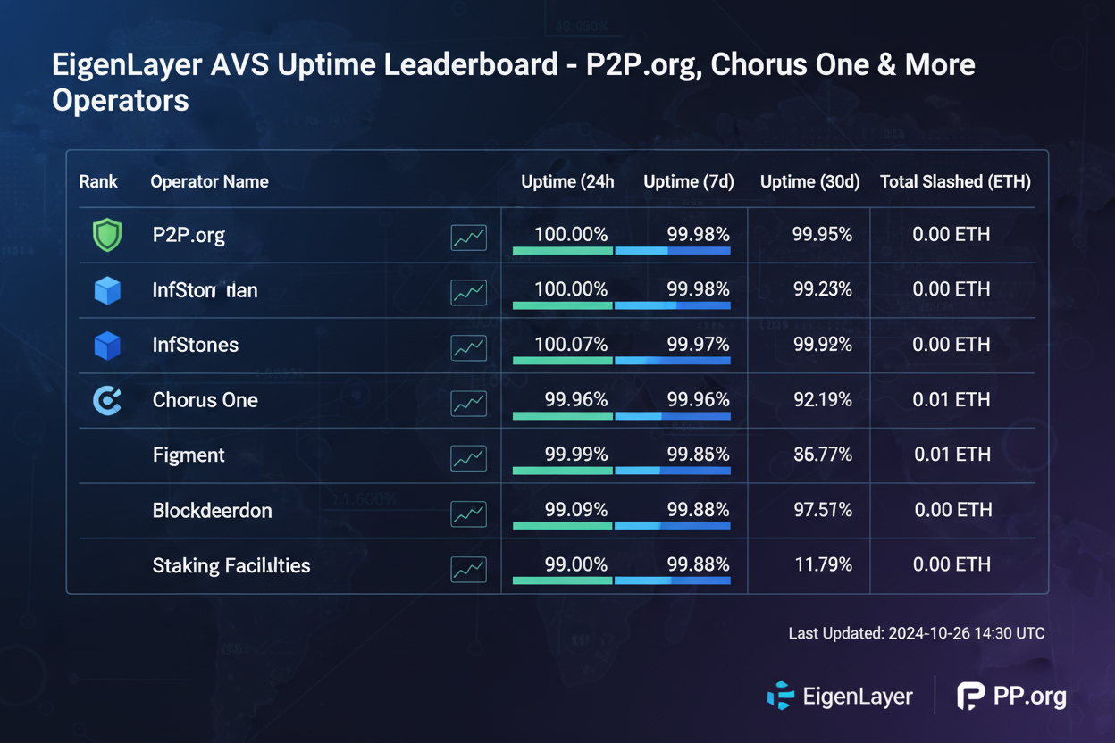 Dynamic 2026 EigenLayer AVS Uptime Leaderboard chart ranking top operators like P2P.org, InfStones, B-Harvest, and Chorus One for node runners