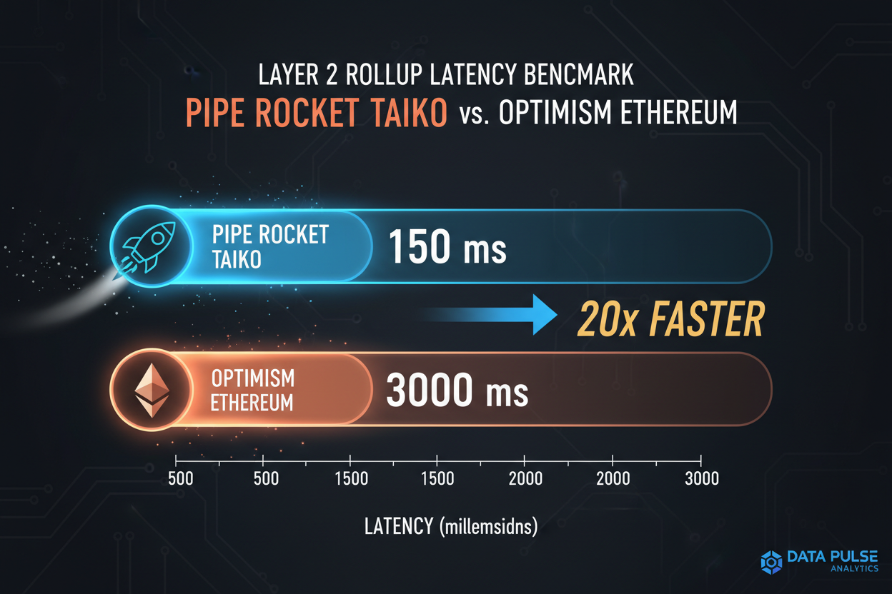 Dynamic benchmark chart comparing Pipe Rocket's 150ms latency advantage over Optimism's 2000 TPS in Ethereum rollup performance tests