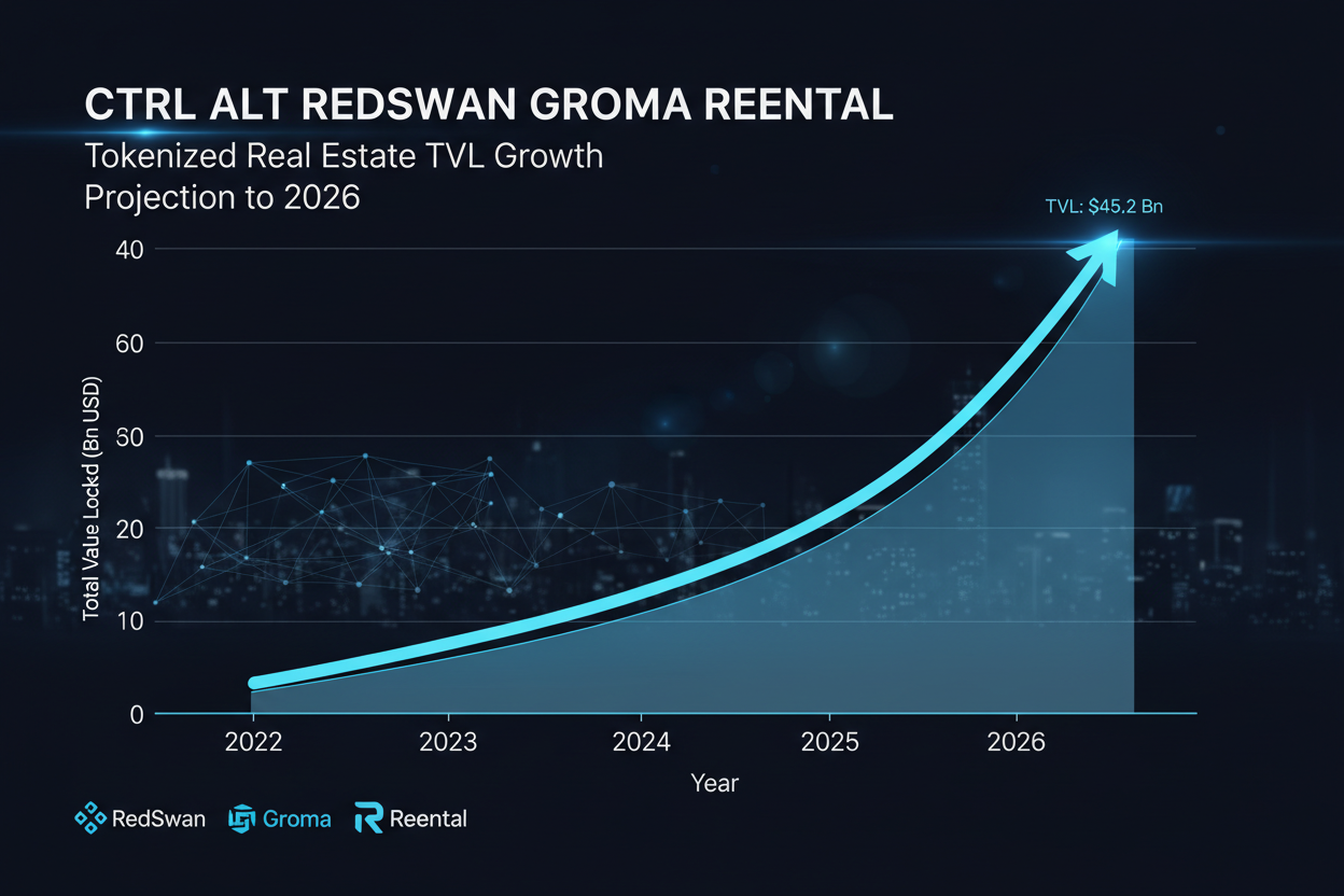 Dynamic conceptual chart visualizing TVL growth trends for top tokenized real estate platforms Ctrl Alt, RedSwan, Groma, and Reental in the 2026 market