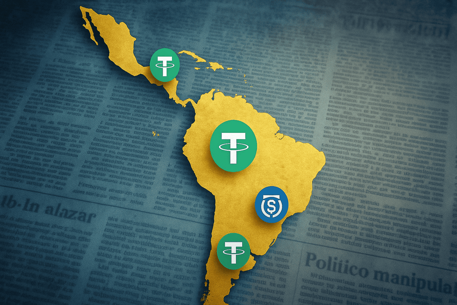 Conceptual visualization of USDT stablecoin exchange rate trends and crypto remittance growth in Argentina, Brazil, and Mexico for 2026, highlighting LATAM adoption without specific prices