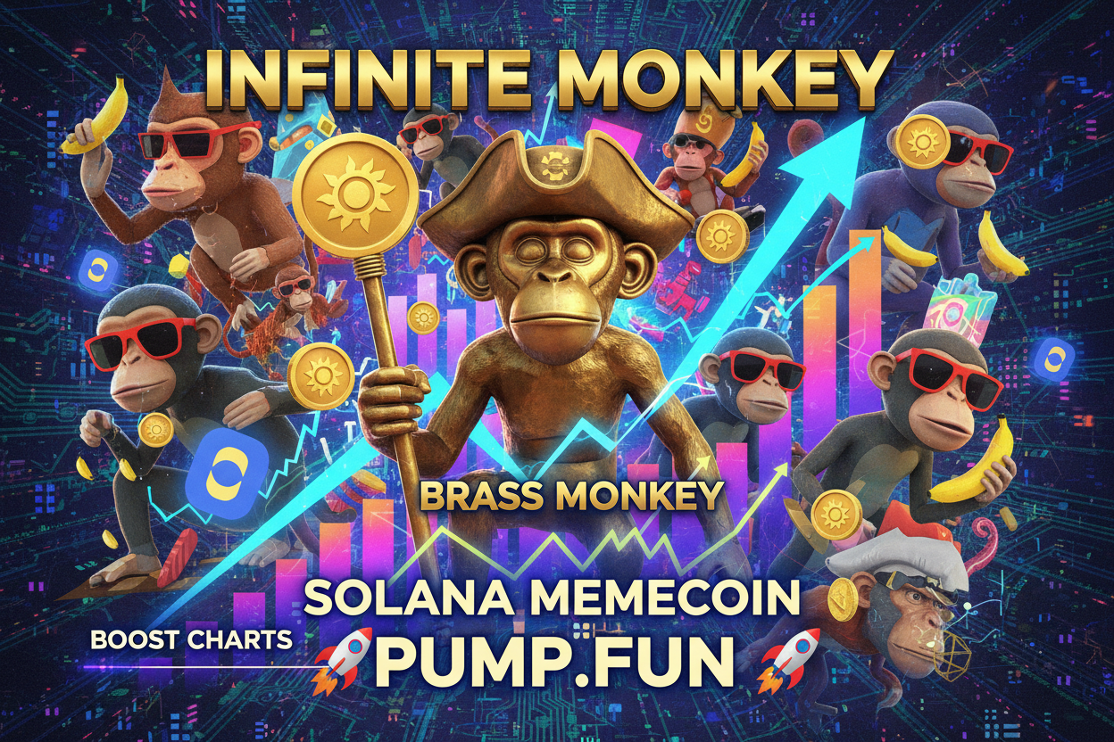 Dynamic collage of Infinite Monkey, Degen Monke, and Brass Monkey Solana memecoins with Pump.fun boost visuals and Solana ecosystem icons, top monkey-themed tokens for 2026 gains