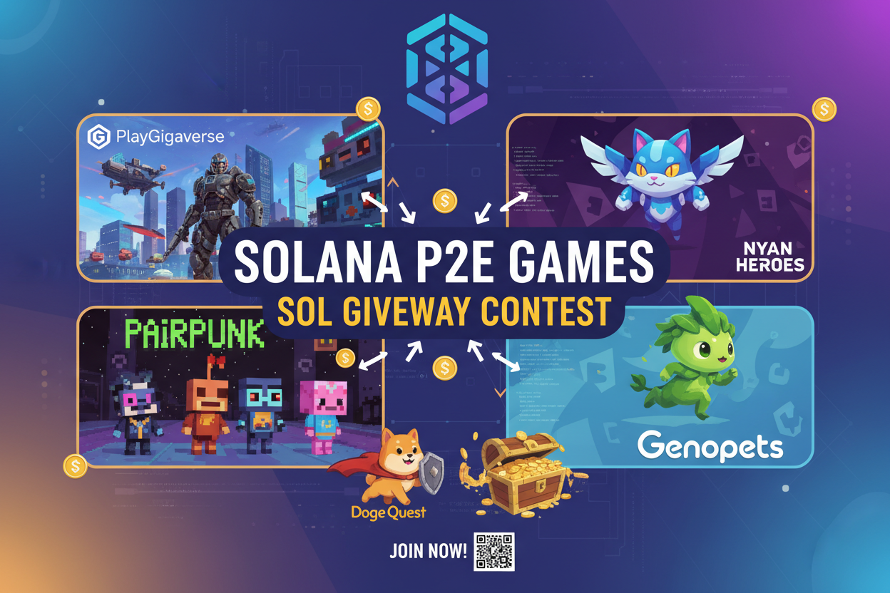Dynamic collage of top Solana P2E games PlayGigaverse PairPunk Doge Quest Nyan Heroes Genopets showcasing SOL giveaways contests 2026