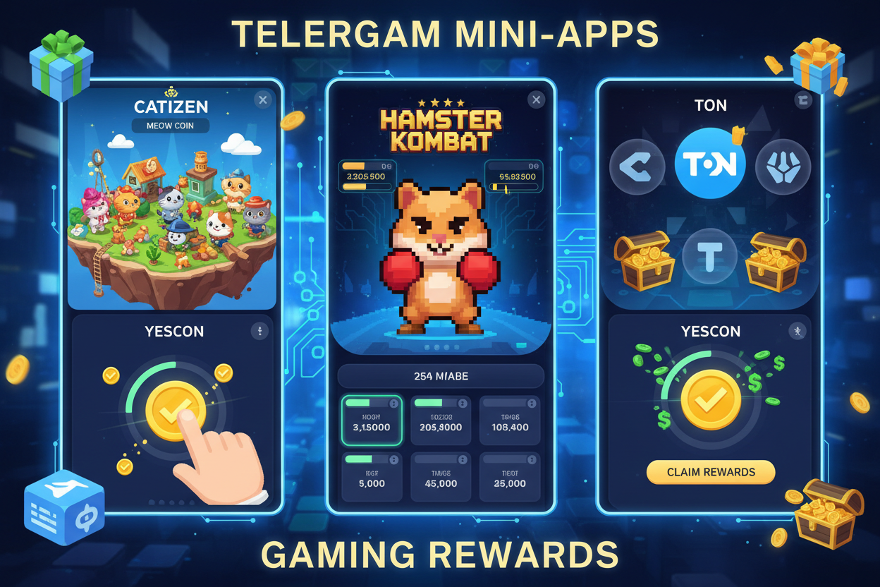 Dynamic collage of TON Telegram mini-apps Hamster Kombat, Catizen, and Yescoin interfaces showcasing gaming mechanics, tap-to-earn rewards, and blockchain integration for mass adoption