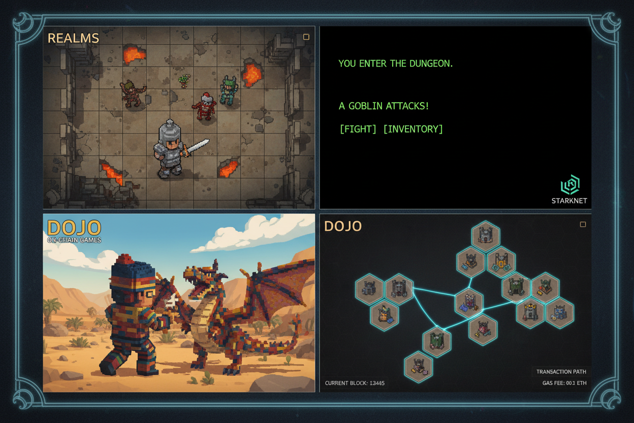 Dynamic collage of gameplay screenshots from Realms, Briq, and Doom on Starknet - top on-chain games powered by MUD and Dojo frameworks in 2026 blockchain gaming ecosystem