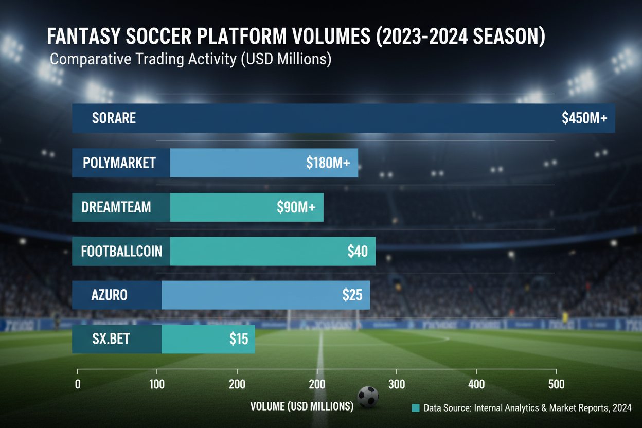 Dynamic comparison chart of trading volumes for top on-chain soccer fantasy platforms in 2026 including Sorare, Polymarket, DreamTeam, FootballCoin, Azuro, and SX.bet