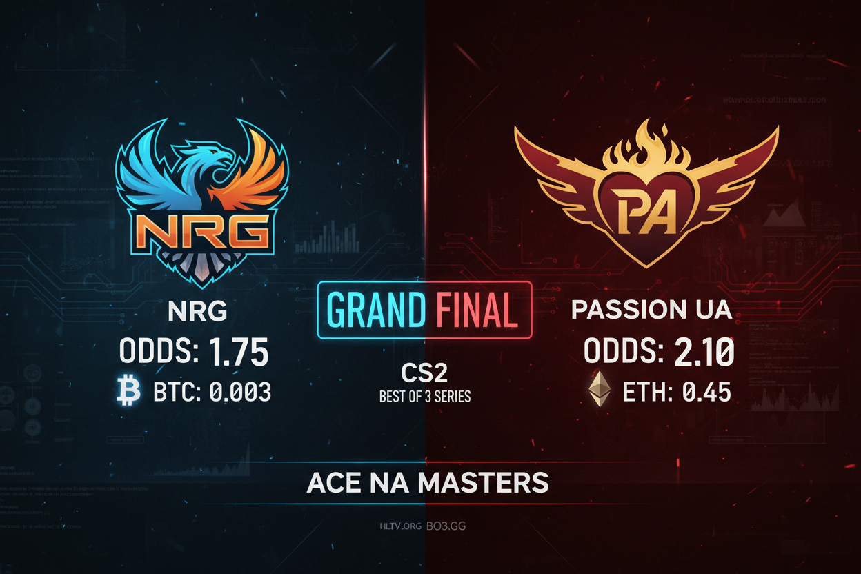Dynamic CS2 graphic NRG vs Passion UA grand final Ace NA Masters 2026 with overlaid crypto betting odds Passion UA moneyline 1.92 NRG map win 1.85 oSee kills stats esports betting picks