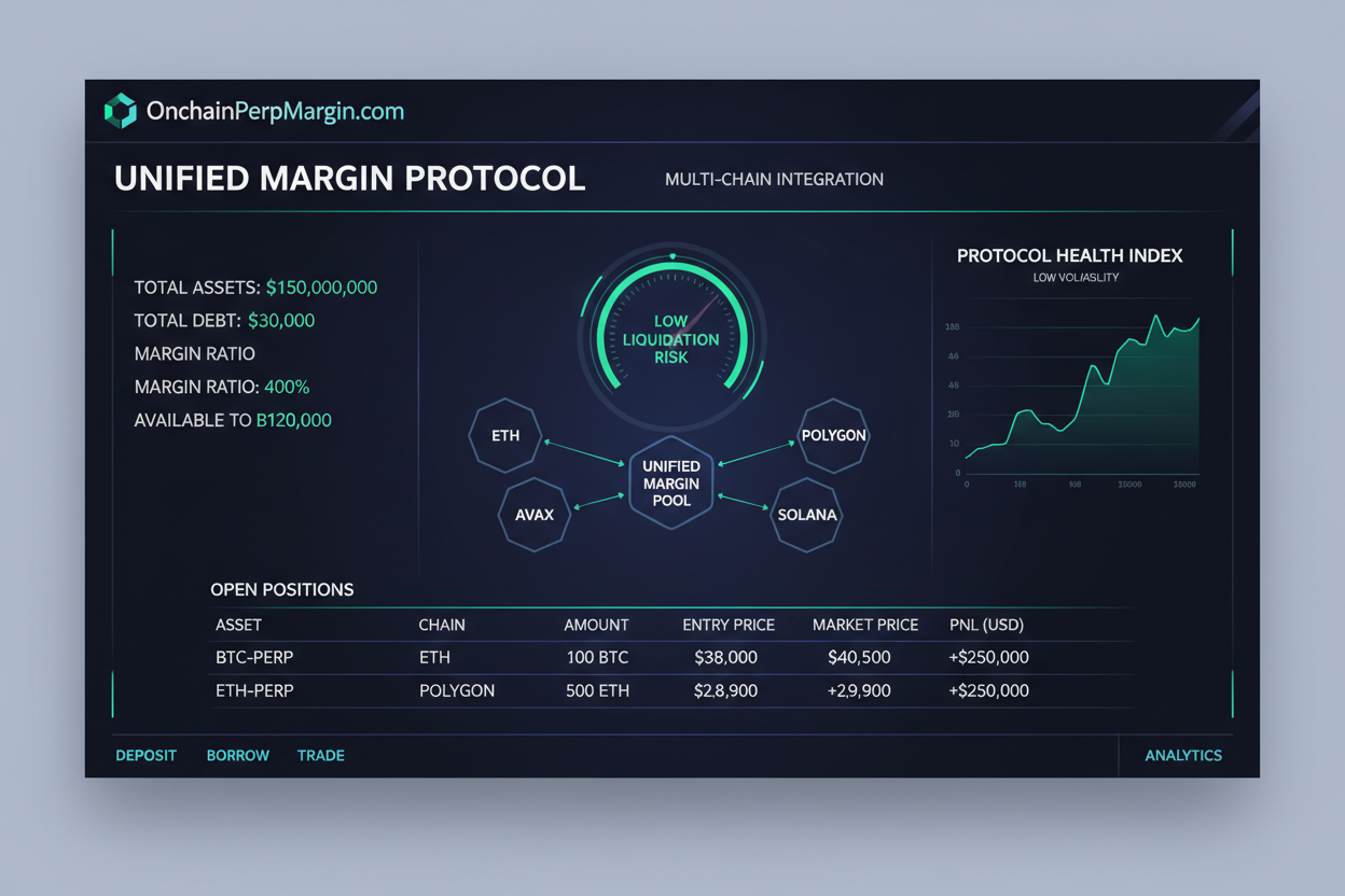 Dynamic dashboard screenshot of OnchainPerpMargin.com displaying unified cross-chain margin for perpetual futures trading with low liquidation risk indicators and multi-chain portfolio tools