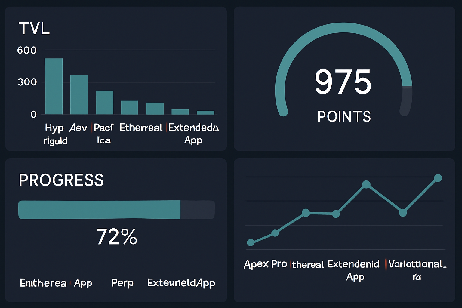 Dynamic dashboard visualizing TVL and points progress for top 2025 perpetual DEXs: Hyperliquid, Aevo, Pacifica, ApeX Pro, Ethereal Perp, ExtendedApp, and Variational_io