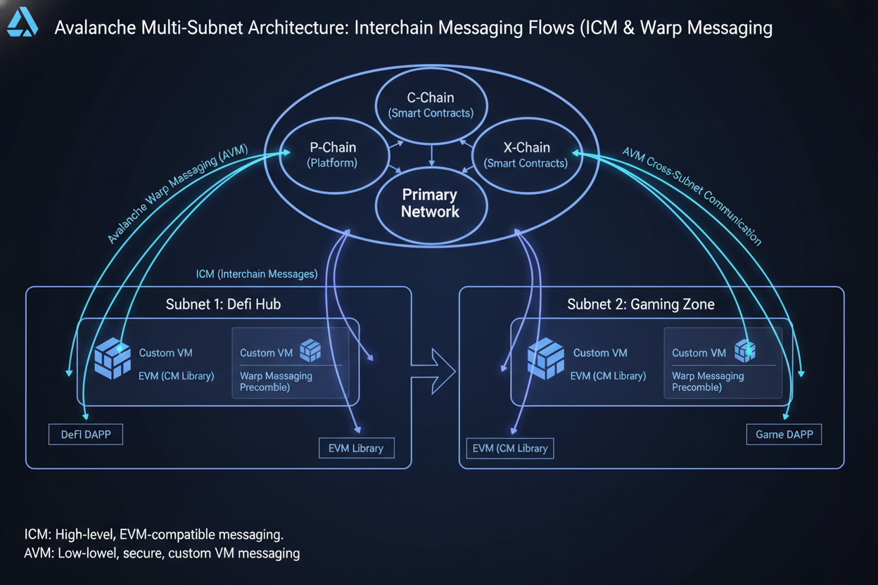 Dynamic diagram of Avalanche multi-subnet architecture illustrating interchain messaging flows between enterprise L1 blockchains, Warp Messaging, and Teleporter protocol