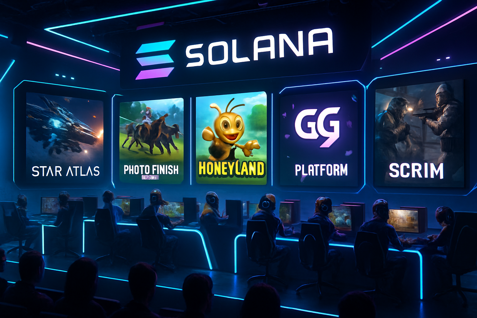Dynamic esports competition featuring top Solana blockchain games in a futuristic arena, including Star Atlas, Photo Finish LIVE, Honeyland, GG Platform, and Scrim, highlighting play-to-earn $SOL rewards in 2025.