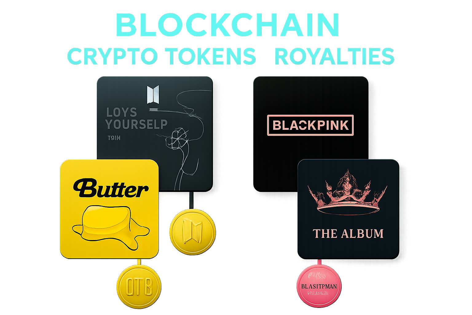 Dynamic graphic merging BTS and BLACKPINK album covers with blockchain tokens and royalty streams, illustrating tokenized music royalties investment on blockchain 2025