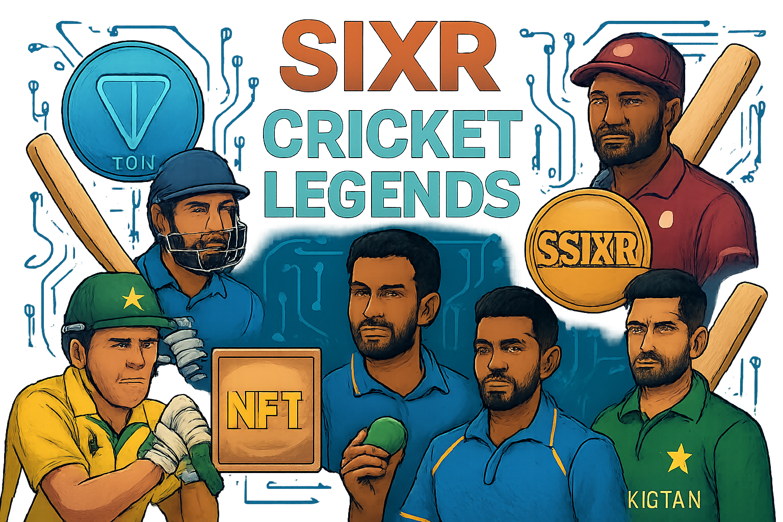 Dynamic graphic of cricket legends battling on blockchain pitch with TON logo and flying $SIXR tokens, SIXR Cricket fantasy leagues NFTs rewards on TON