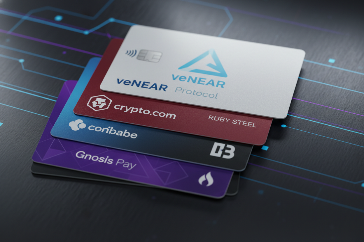 Dynamic stack of top crypto rewards cards for veNEAR governance rewards 2026 including Crypto.com Ruby Credit Card, Ready Metal Card, Gnosis Pay Card, Coinbase Card, Bybit Card with veNEAR tokens and NEAR Protocol logo