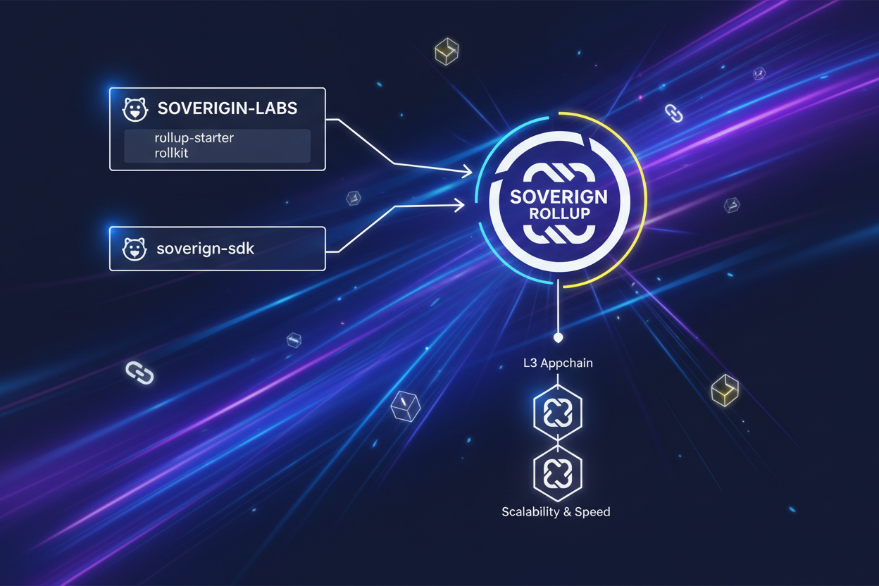 Dynamic graphic of GitHub repos like Sovereign-Labs/rollup-starter, rollkit/rollkit, Sovereign-Labs/sovereign-sdk deploying L3 sovereign rollups with speed lines and chain icons for fast custom appchains