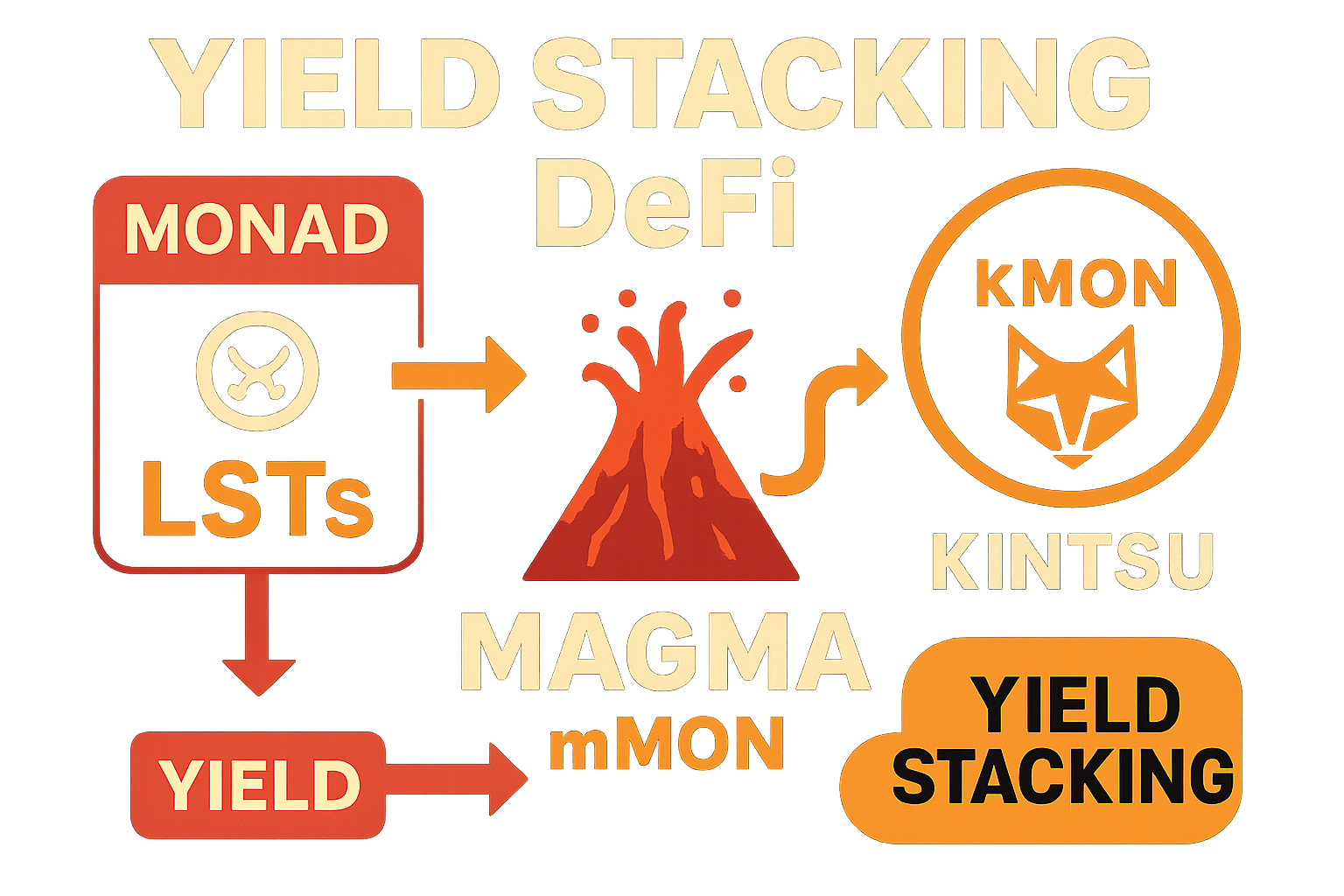 Dynamic infographic of Monad blockchain network featuring top liquid staking tokens LSTs like Magma mMON Kintsu kMON Stader MONX Renzo reMON Puffer pMON stacking yields in DeFi protocols 2025