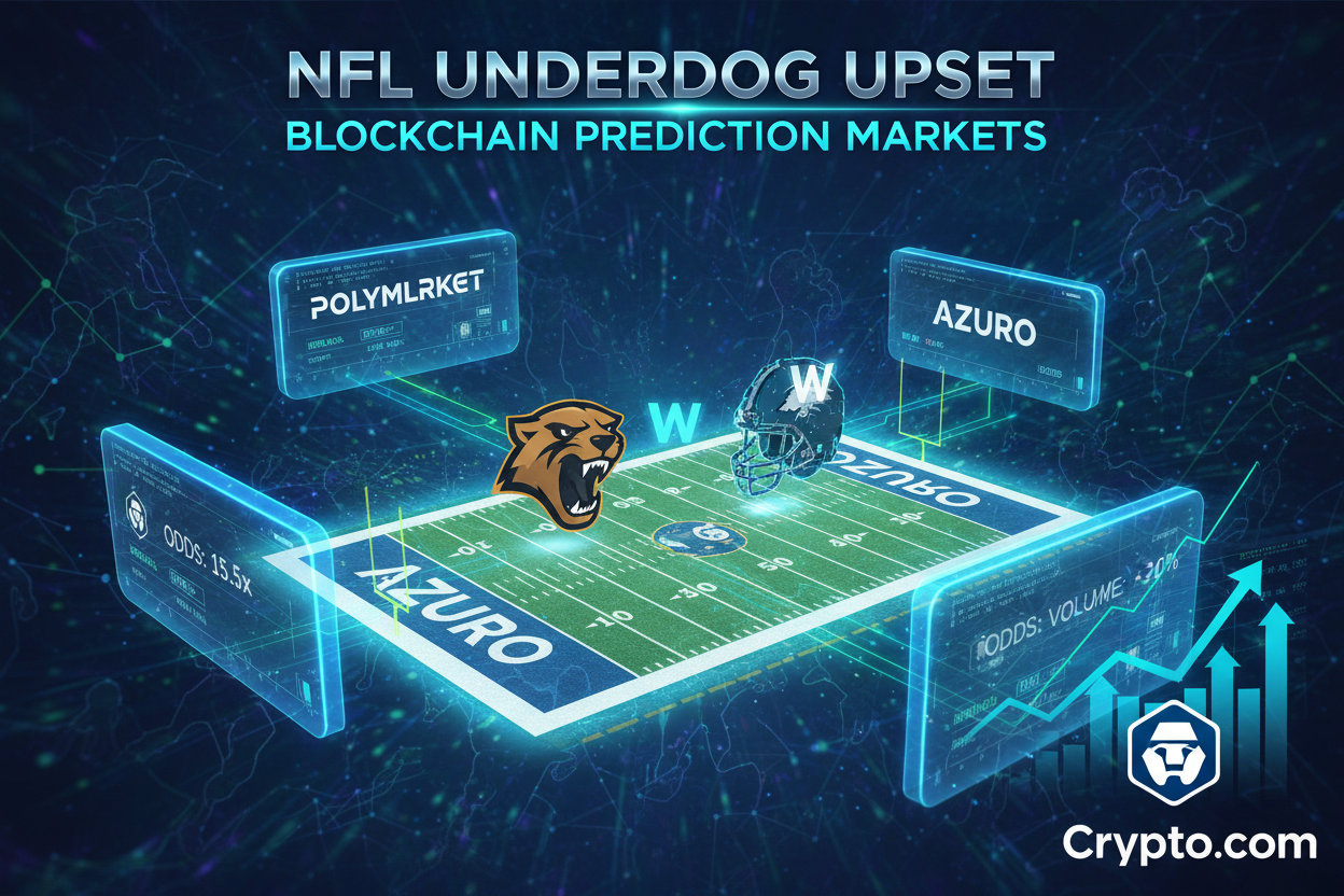 Dynamic graphic of NFL underdogs like Panthers, Jaguars, Commanders, Falcons, Patriots with 1500%+ odds on blockchain prediction markets Polymarket Azuro Bullpen SX Bet Crypto.com Underdog 2026