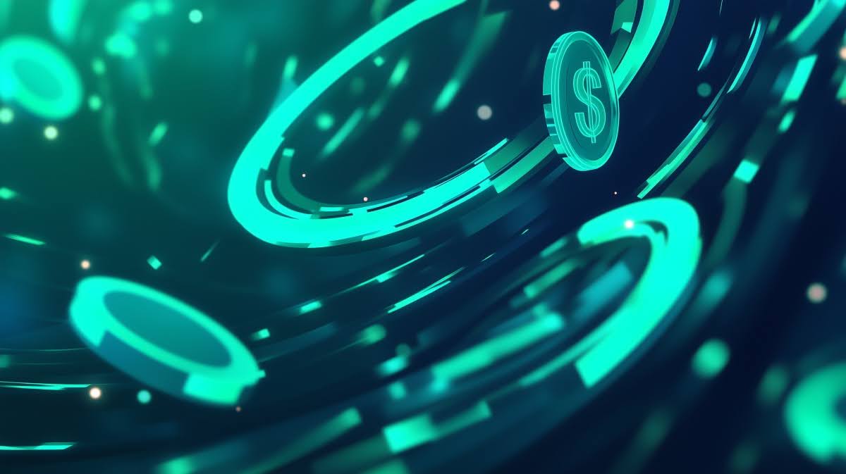 Dynamic illustration of SME owner using blockchain mobile app to tokenize invoice and receive instant stablecoin funding, bypassing traditional bank queues for fast invoice financing