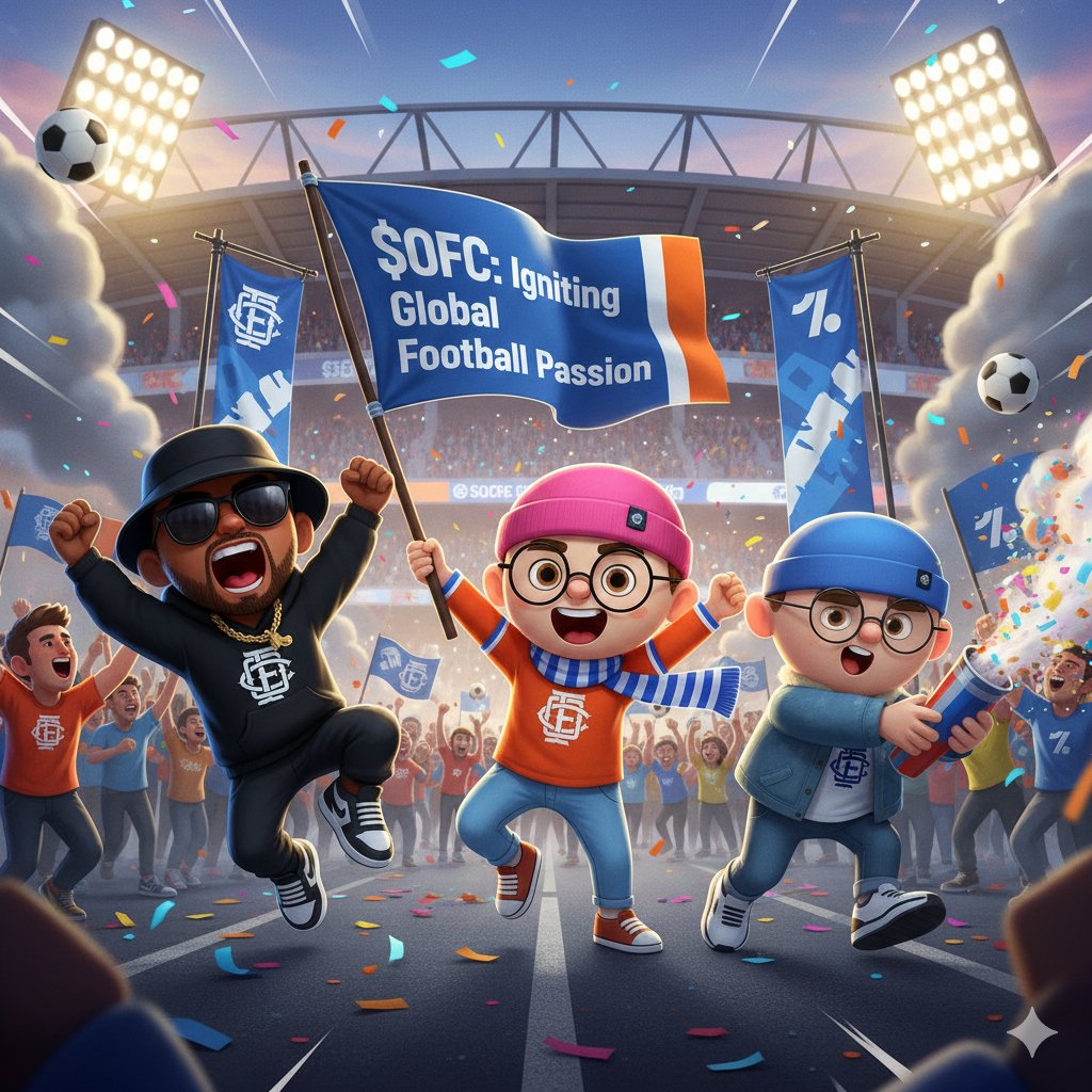 Dynamic graphic of soccer ball morphing into blockchain nodes with OneFootball Club OFC logo and cheering fans, illustrating Web3 revolution in football fan engagement