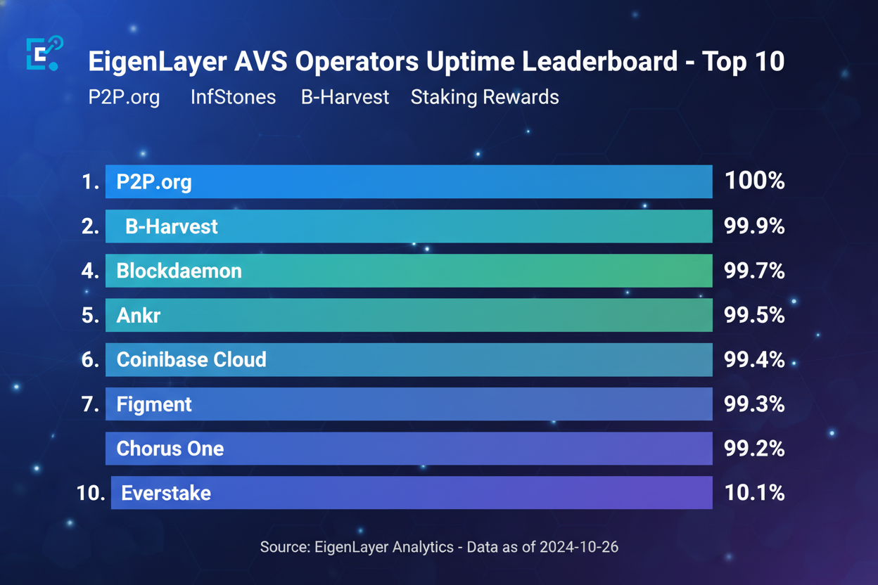 Dynamic 2026 AVS Uptime Leaderboard graphic showcasing top 10 EigenLayer operators including P2P.org, InfStones, B-Harvest, Staking Rewards, Launchnodes, Blockscape, Stakin, A41, Gateway.fm, DSRV with uptime performance bars and EigenLayer logos