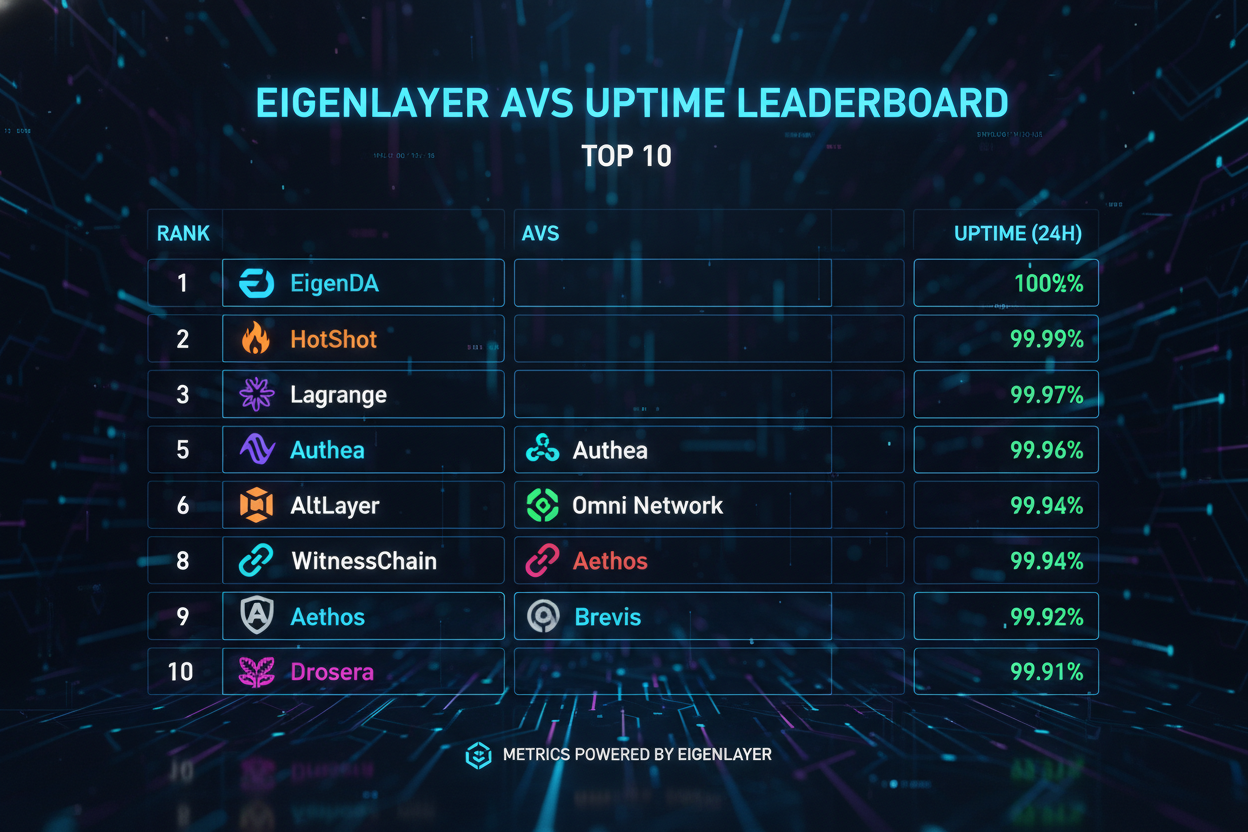 Dynamic 2026 AVS Uptime Leaderboard top 10 graphic showcasing EigenLayer node operators with glowing performance metrics, 99.99% uptime, EigenDA, HotShot, Lagrange, Authea, AltLayer AVS, Witness Chain, Giza AVS, Taiko MVR, Phala Network AVS, 1kx AVS