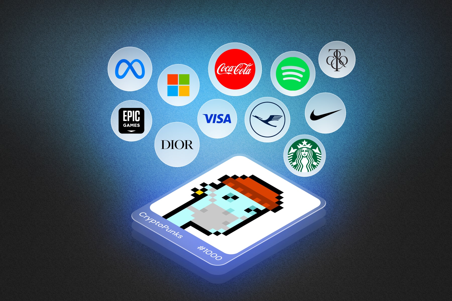 Dynamic graphic of tradable NFT loyalty cards for retail brands on blockchain networks, illustrating cross-ecosystem rewards like Starbucks Odyssey and Nike Cryptokicks