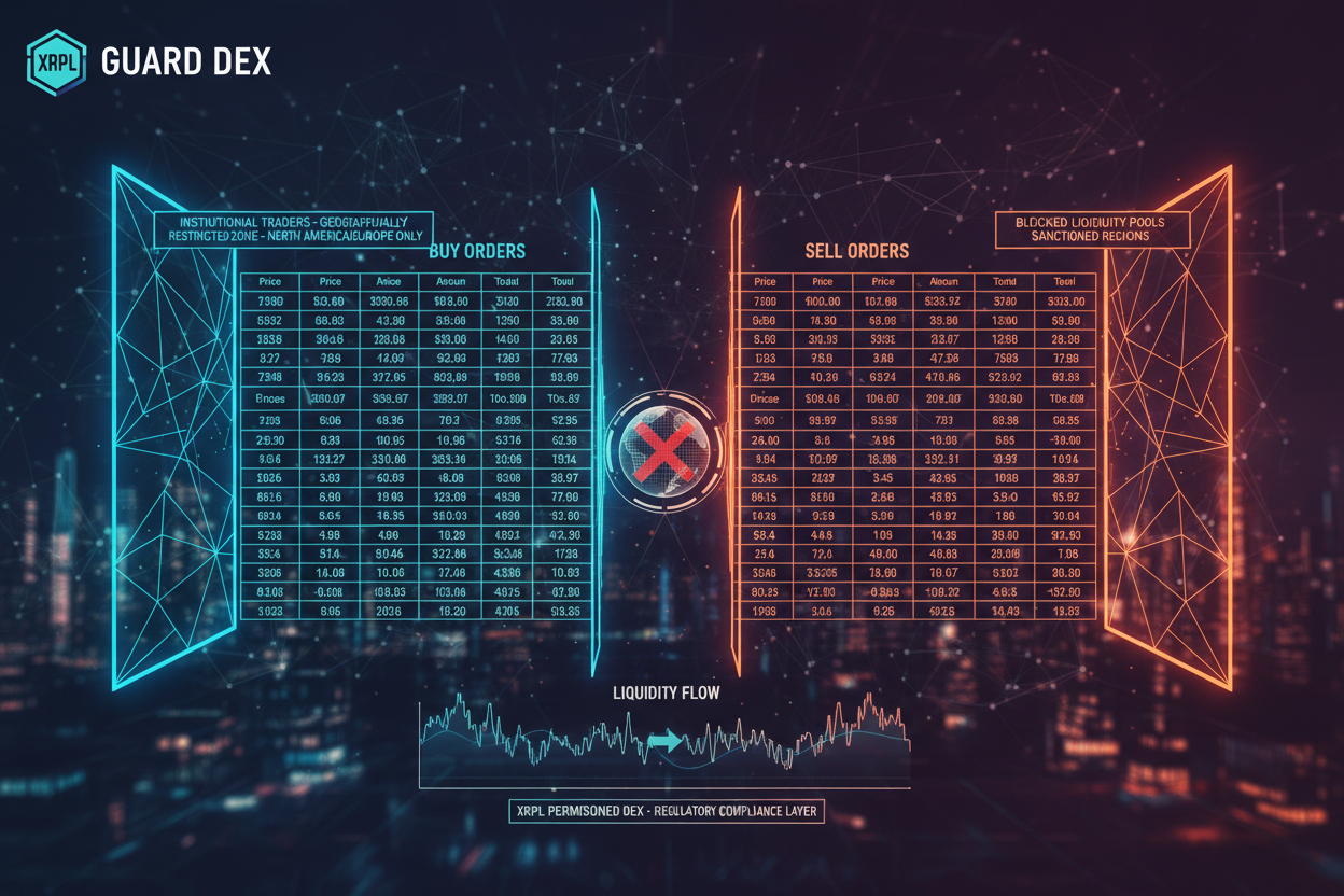 Dynamic graphic illustration of XRPL Permissioned DEX order book with geofencing barriers restricting access and institutional traders connecting to liquidity pools for compliant DeFi trading