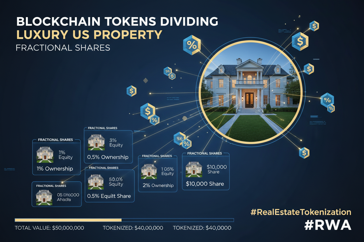Dynamic graphic of blockchain tokens dividing a luxury US real estate property into fractional $500 shares for tokenization platforms like Lofty.ai, RealT, Propy, RedSwan, SolidBlock, Propchain, RealBlocks