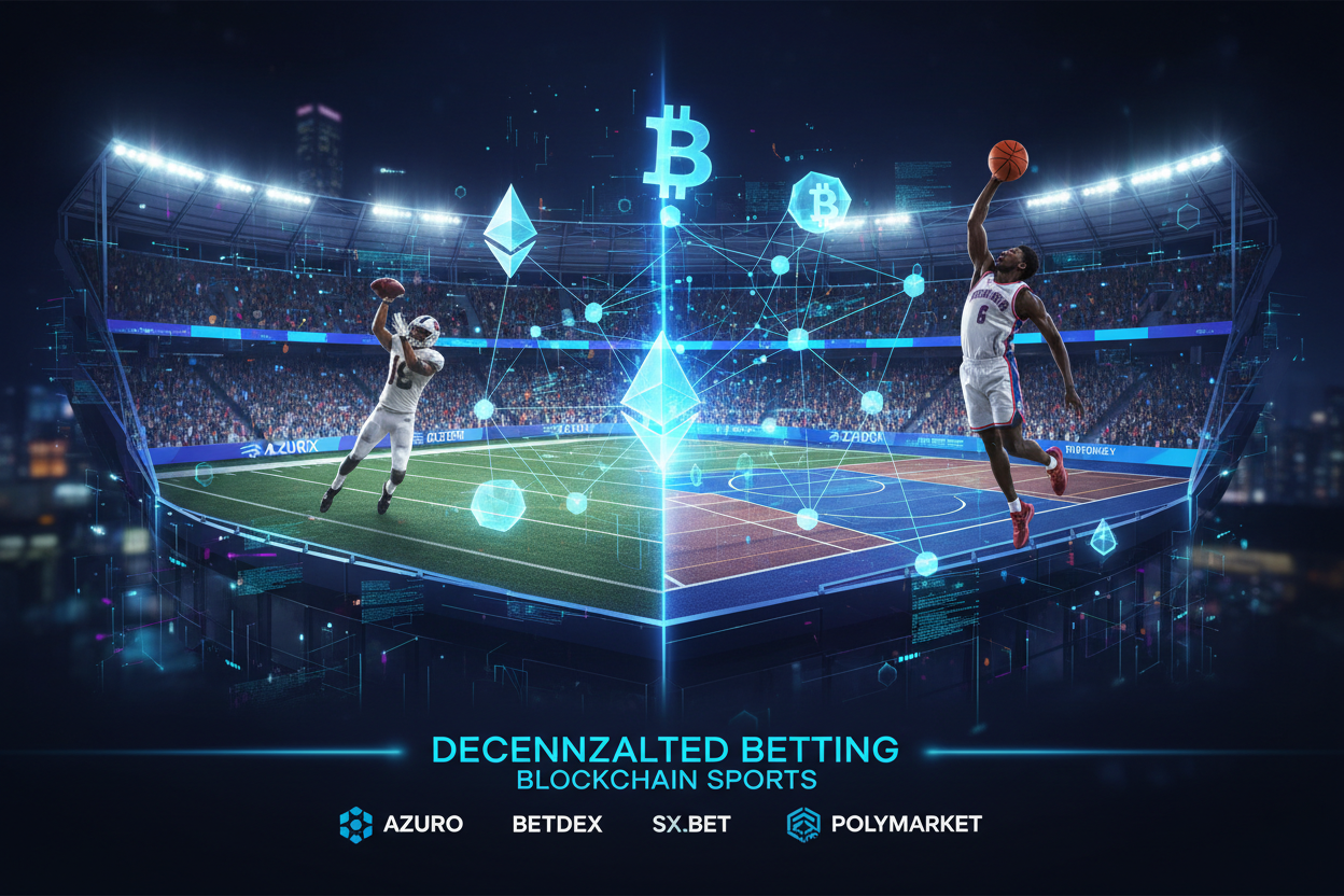 Dynamic graphic of NFL touchdown and NBA dunk integrated with blockchain chains and crypto tokens representing top decentralized platforms like Azuro Protocol, SX.bet, BetDEX, Polymarket, Thales Market, Augur, Zeitgeist for 2026 on-chain sports betting
