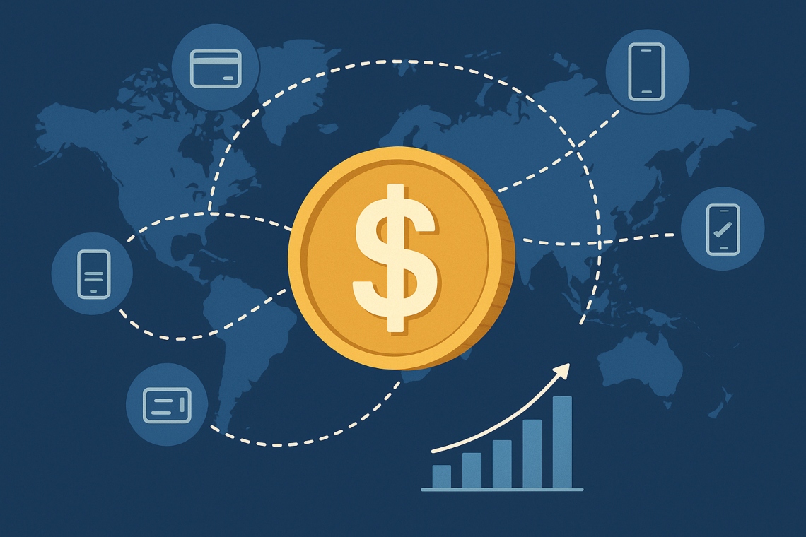 Dynamic graphic illustrating stablecoin escrow securing a global B2B invoice chain from Asia to Latin America, reducing fees and risks in cross-border trade