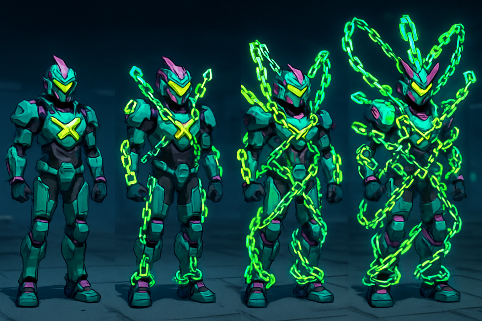 Dynamic Hyprmtrx MiM in-game skin evolving on Base chain, programmable NFT transforming Web3 gaming