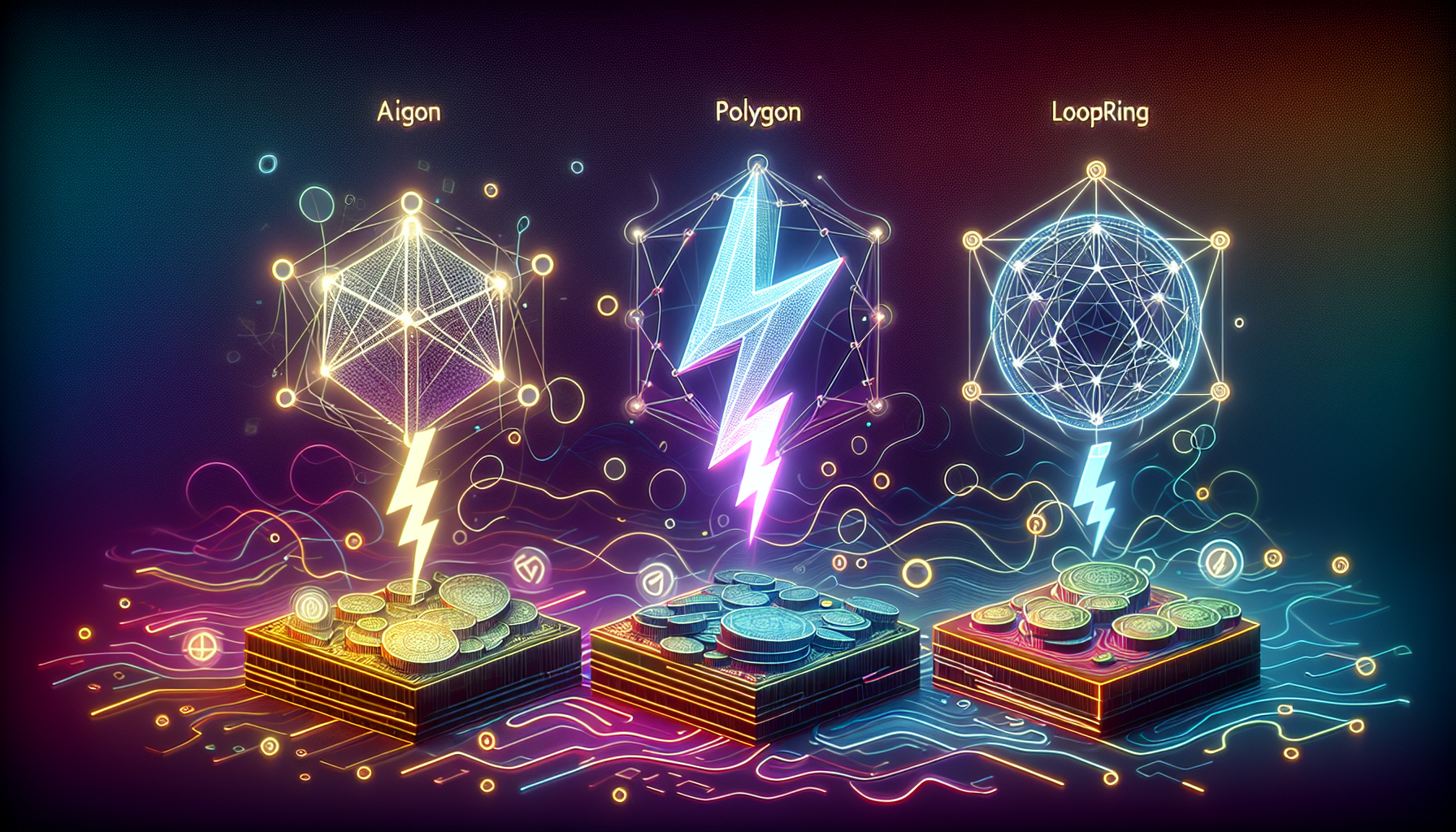 Futuristic cyberpunk illustration of gaming dApp on custom app-chain with zero-gas transactions, low latency, sovereign control, and vibrant neon blockchain elements