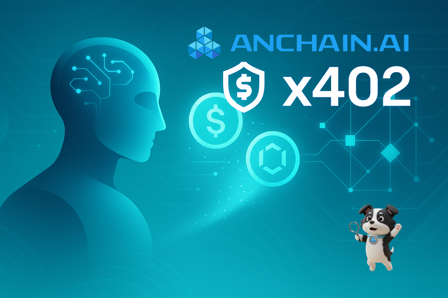 Dynamic illustration of AI agent autonomously paying for API inference via HTTP 402 x402 protocol on blockchain with micropayments