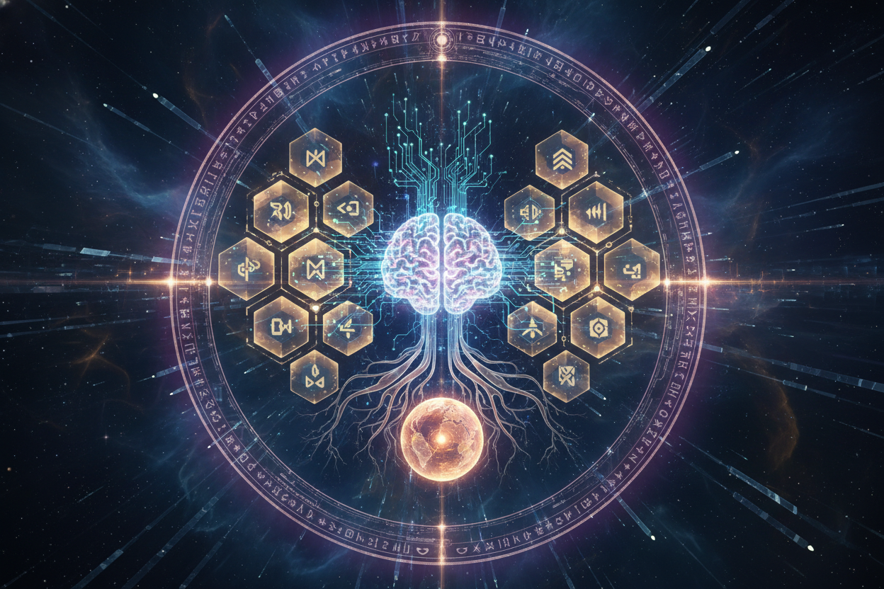 Dynamic futuristic illustration of AI neural networks merging seamlessly with interconnected blockchain nodes for hybrid oracle feeds in decentralized protocols