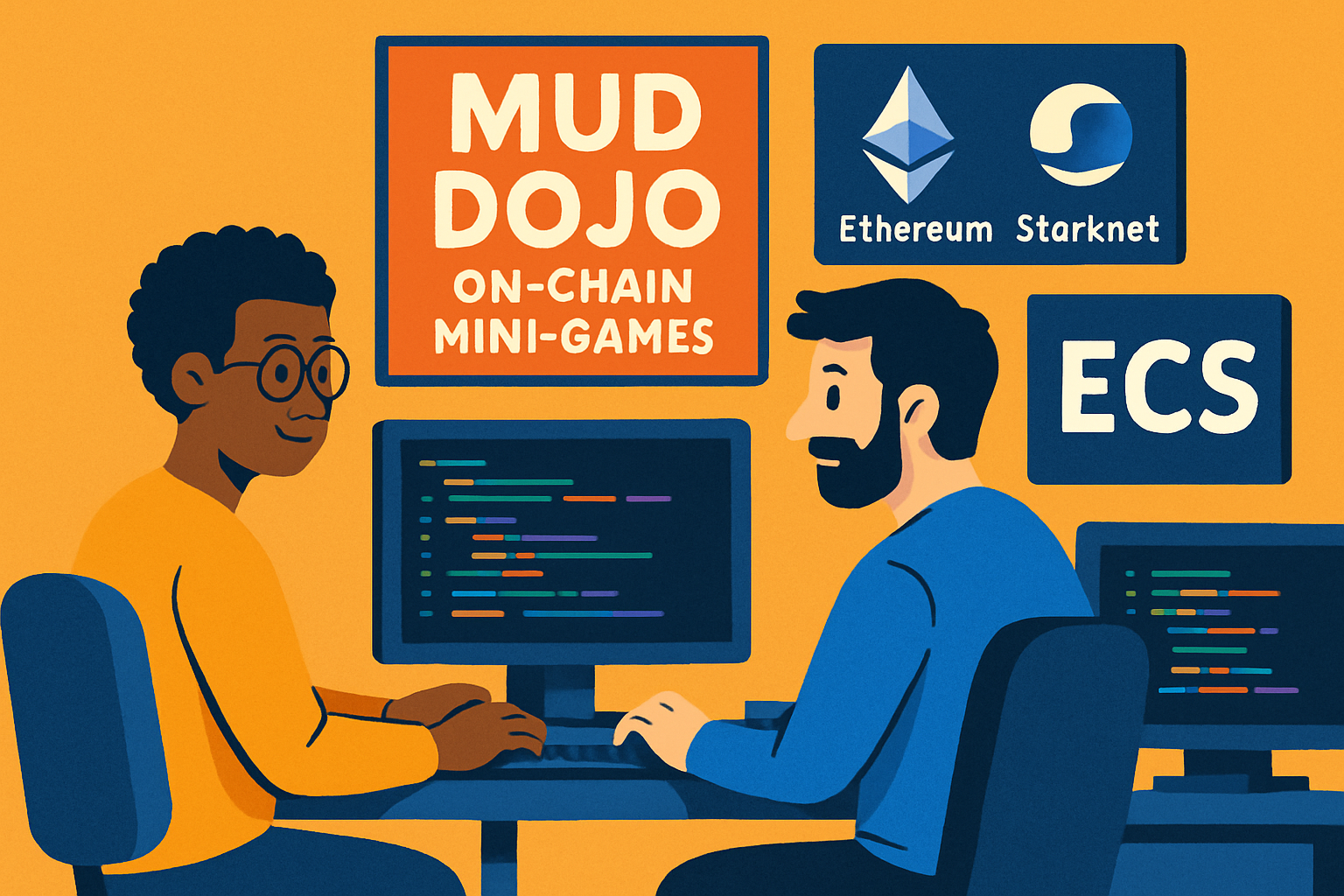 Dynamic illustration of developers coding fully on-chain mini-games with MUD framework on Ethereum Layer 2 and Dojo on Starknet, featuring ECS architecture icons for blockchain game development