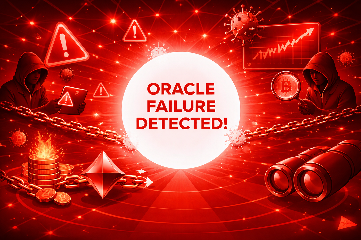 Dynamic conceptual illustration of event-driven blockchain oracle detecting sudden price drop and instantly triggering DeFi liquidation process