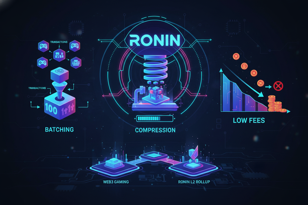 Dynamic illustration of Ronin L2 rollup optimizing high-volume Web3 gaming transactions with low gas fees via batching, calldata compression, storage packing, custom errors, delta updates, Yul assembly, and ERC-4337 bundling