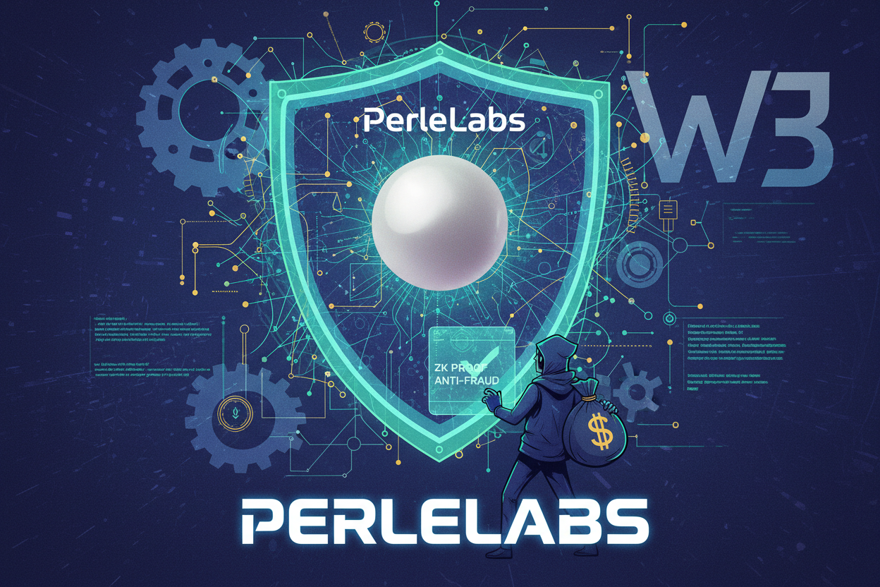 Dynamic illustration of Zero-Knowledge (ZK) proofs locking fraud out of a Web3 bounty platform like PerleLabs, showcasing anti-fraud verification in blockchain bounties