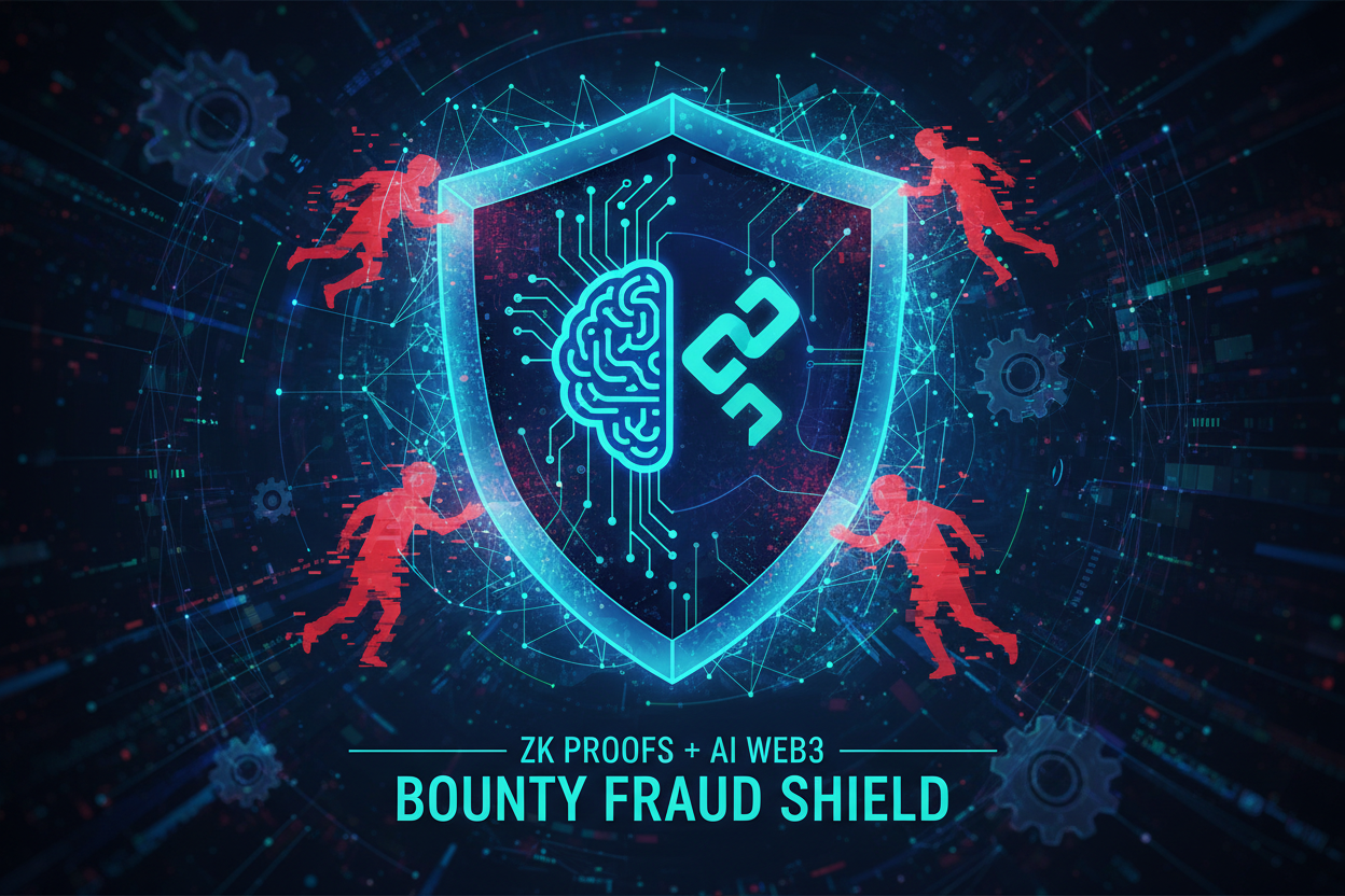 Dynamic illustration of Zero-Knowledge (ZK) proofs shielding AI-verified bounty tasks from fraud in a decentralized Web3 network