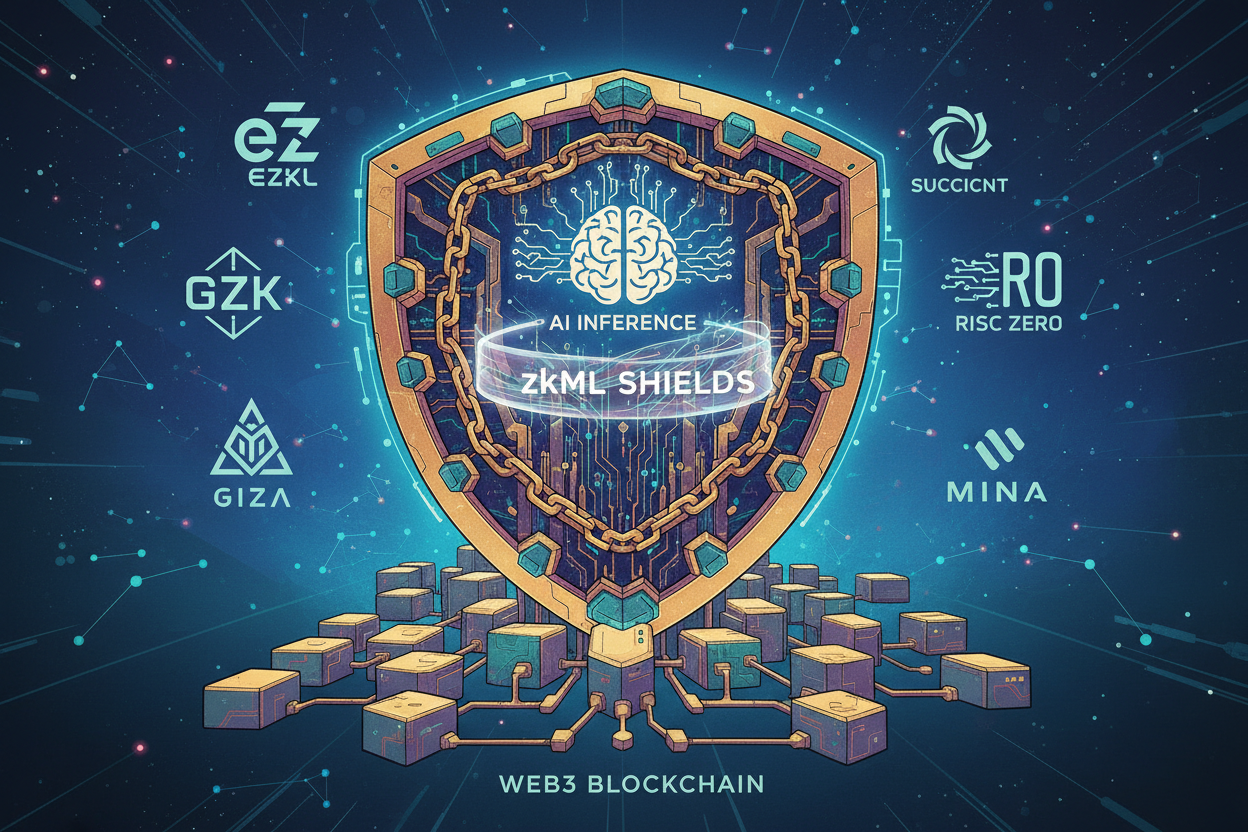 Dynamic zkML shields protecting AI inference data in Web3 blockchain ecosystem, featuring ezkl, Giza, RISC Zero, Mina zkML, and Succinct SP1 frameworks for privacy-preserving verifiable computations