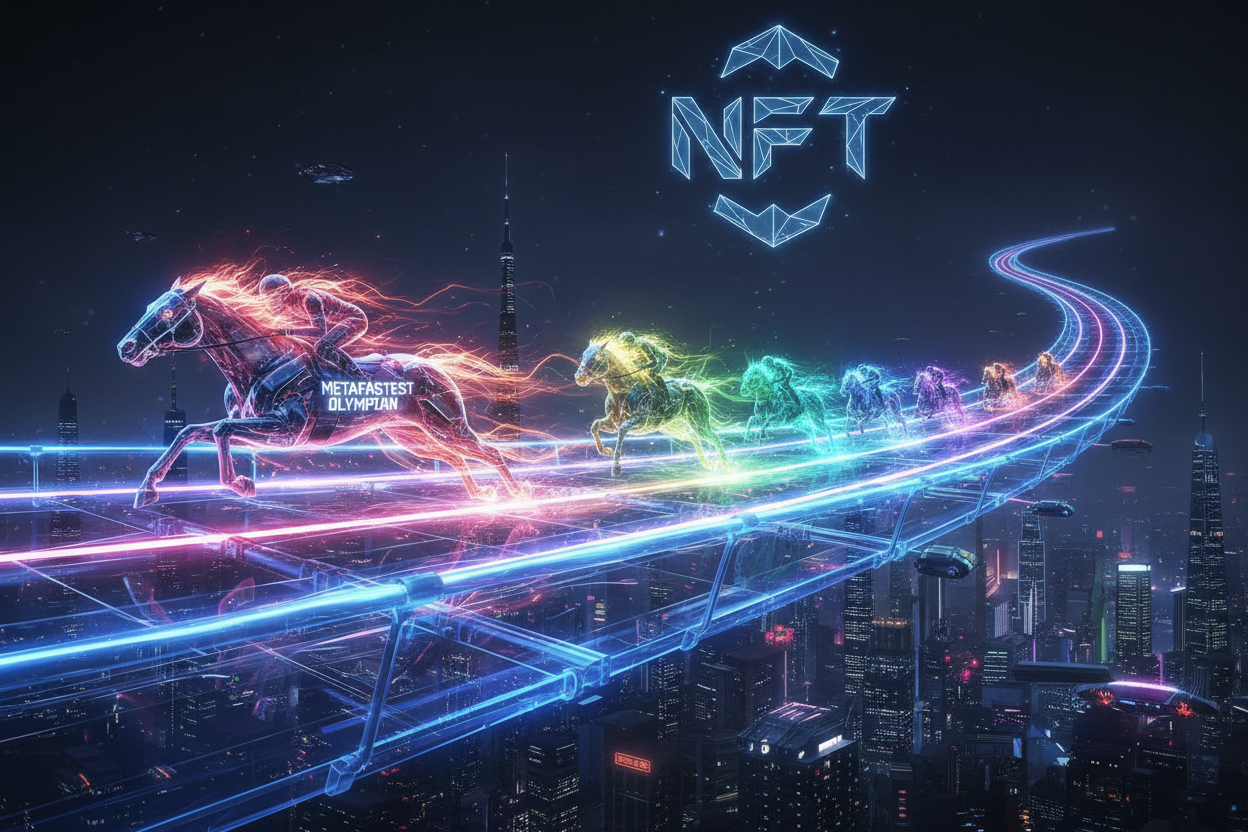 Rare Olympian-tier NFT horse sprinting dynamically on MetaFastest virtual racetrack with glowing rarity effects, blockchain horse racing game