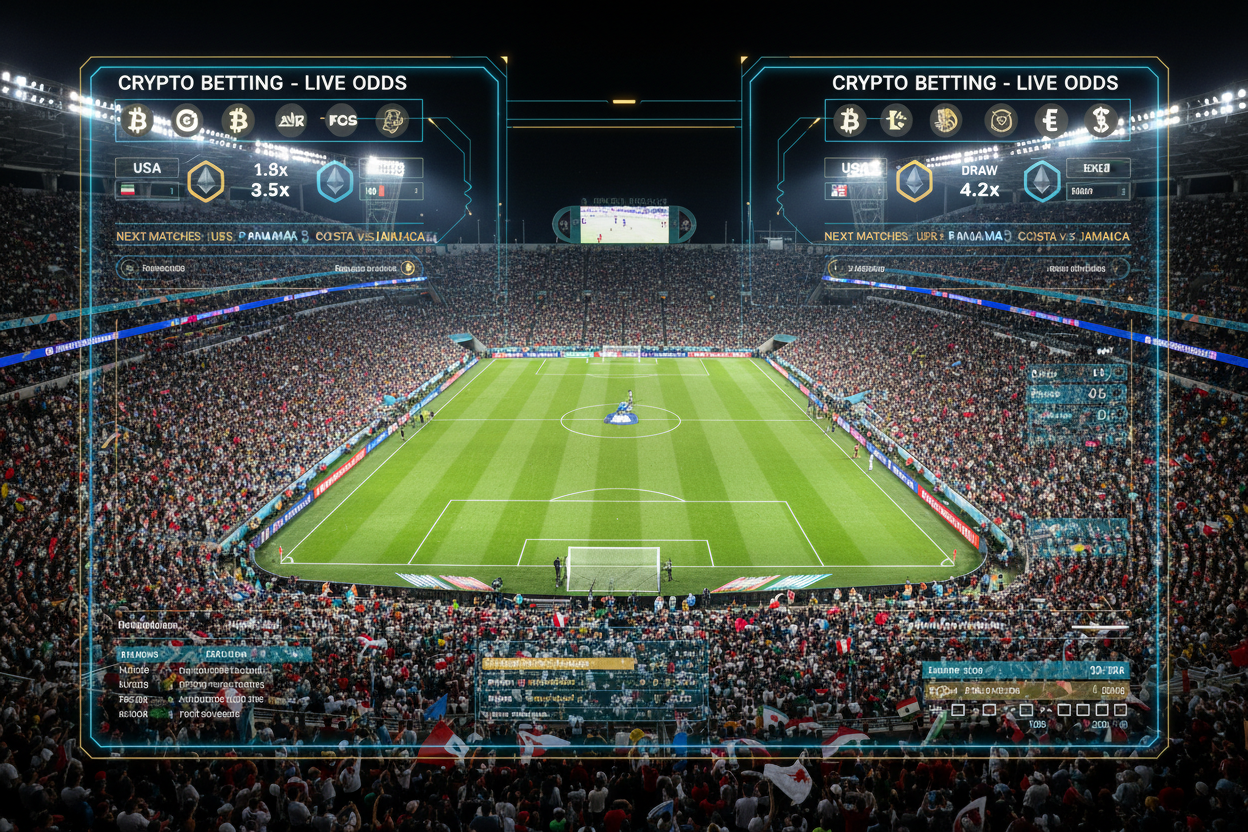 Dynamic FIFA World Cup 2026 qualifiers stadium packed with cheering fans and crypto betting overlays for on-chain USDT sportsbooks like Vave Bets.io