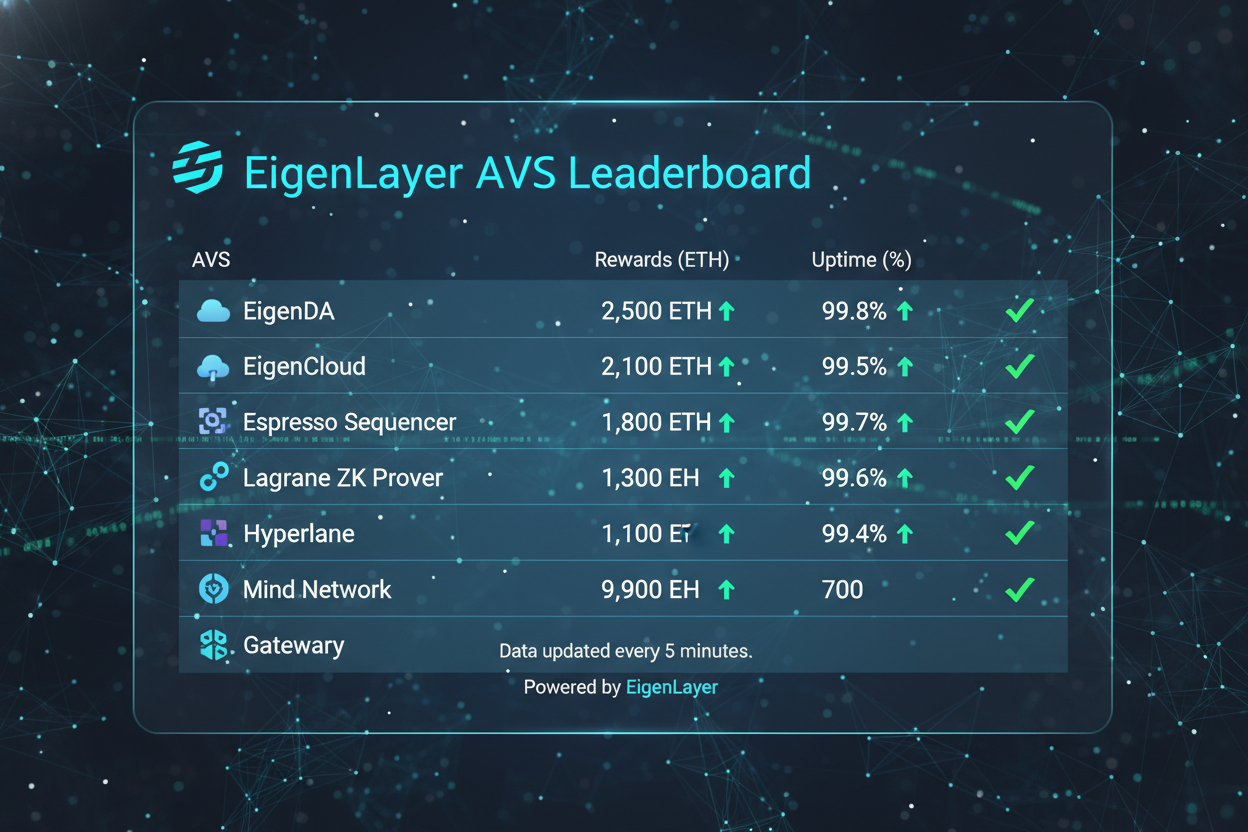 Dynamic 2026 EigenLayer AVS leaderboard chart ranking top high-reward opportunities by rewards distribution, uptime, and profitability including EigenDA, EigenCloud, Espresso Sequencer, Lagrange ZK Prover, Hyperlane Interop, Phala Network TEE, Mind Network Oracle, Gateway Network, Elk Data Services, Witness Chain