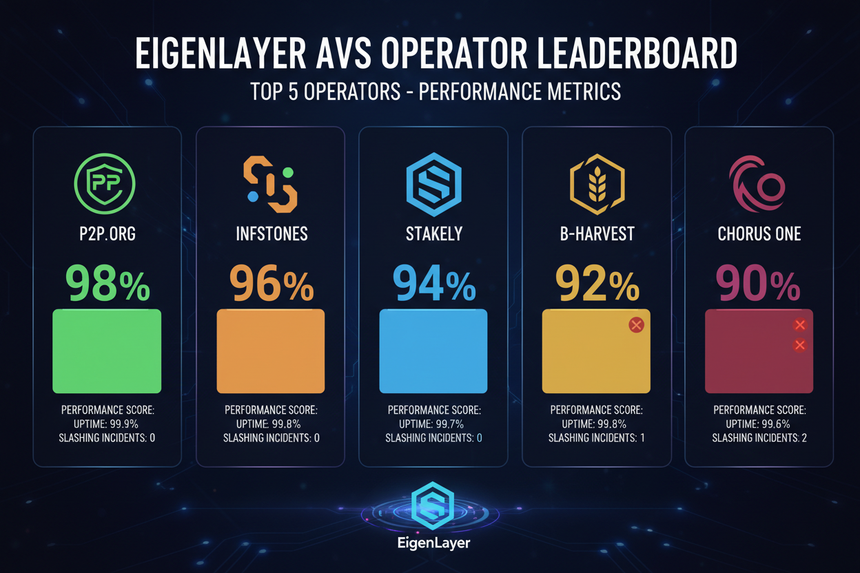 Dynamic leaderboard graphic of top 5 AVS operators by performance metrics: P2P.org, InfStones, Stakely, B-Harvest, and Chorus One in EigenLayer for node runners