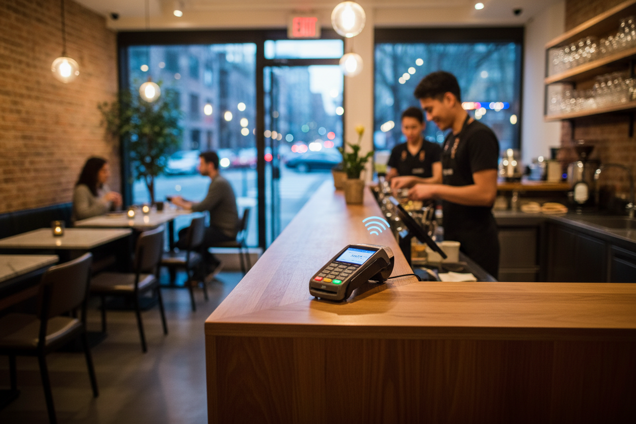 Diners tapping smartphones on USDC NFC-enabled POS terminal at modern restaurant counter for seamless contactless crypto payments