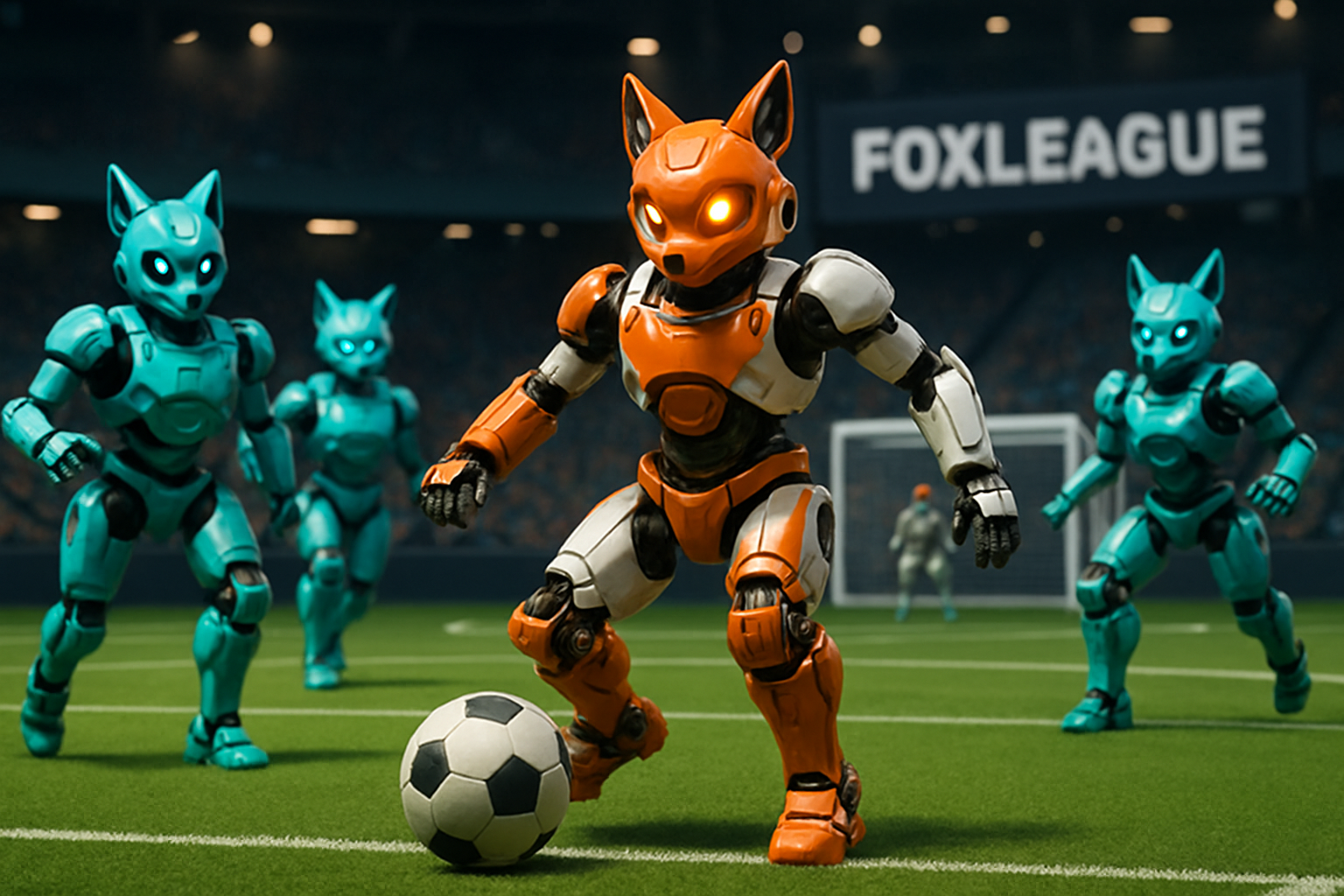 Dynamic robot soccer action in FoxLeague Genesis Cup 2025 with autonomous AI teams in strategic formation, showcasing tactics like 3-2-2 setup and swarm coordination