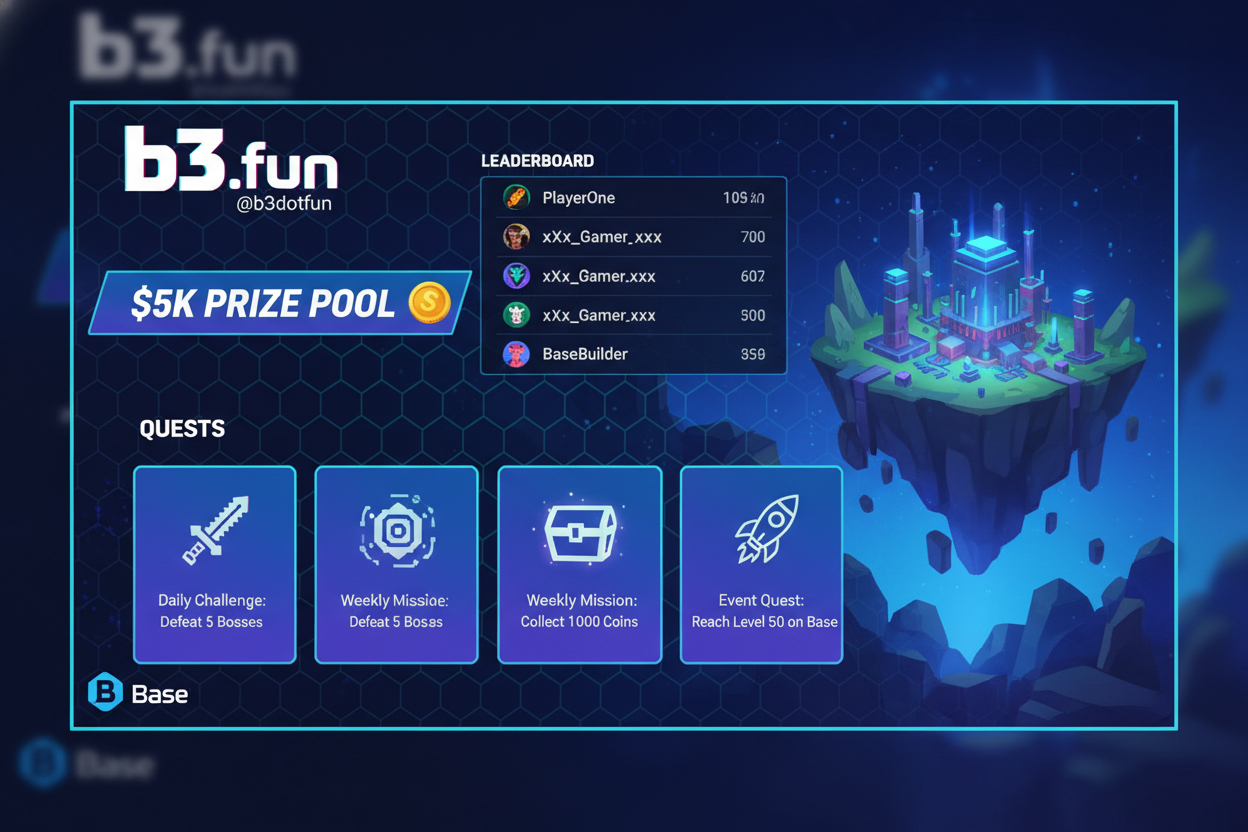 Dynamic screenshot of B3.fun dashboard featuring $5K Questing Prize Pool leaderboard, active quests, and strategies for on-chain gaming rewards on Base Layer 3