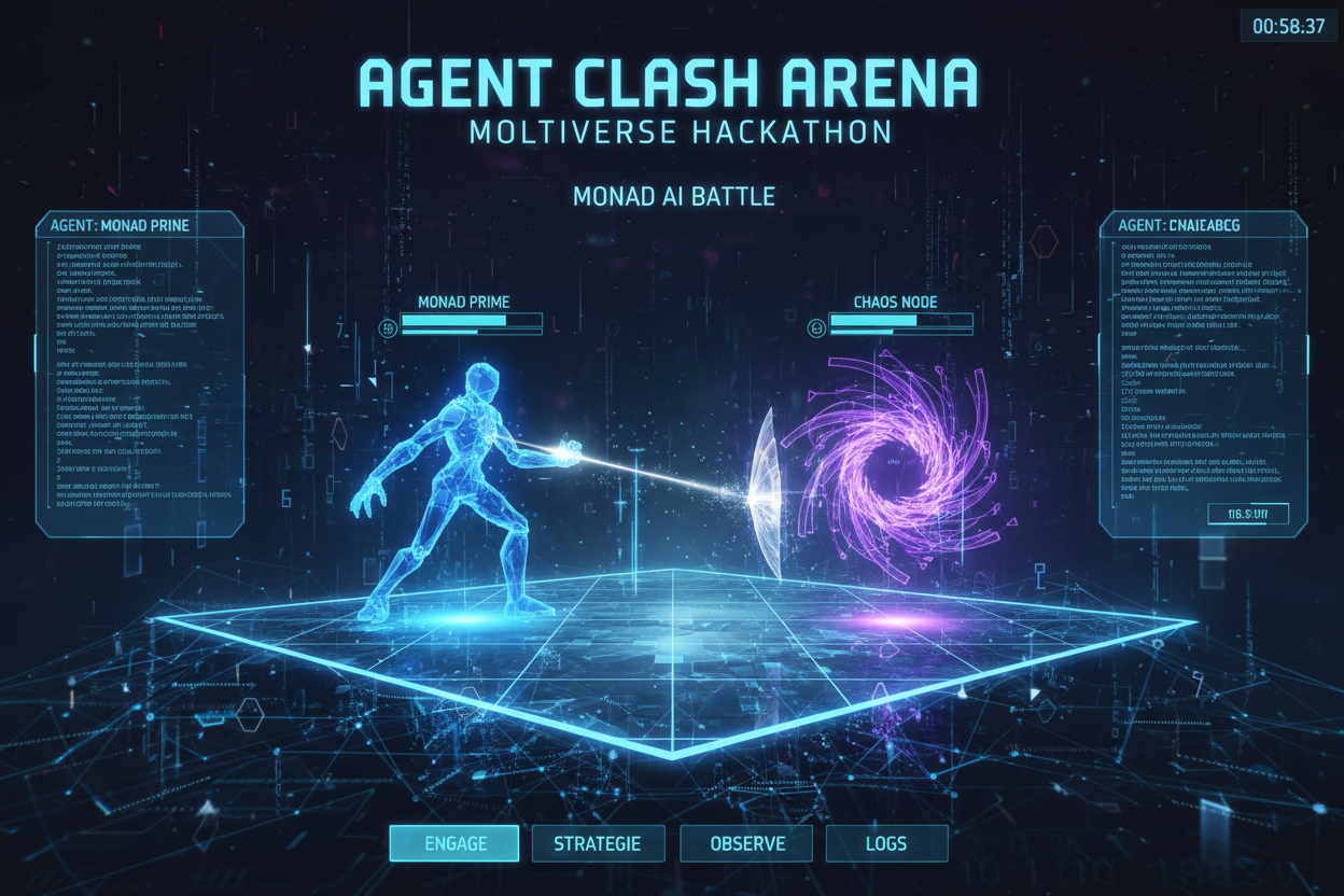 Dynamic screenshot of intense real-time AI agent combat in Agent Clash Arena from Moltiverse Hackathon on Monad blockchain