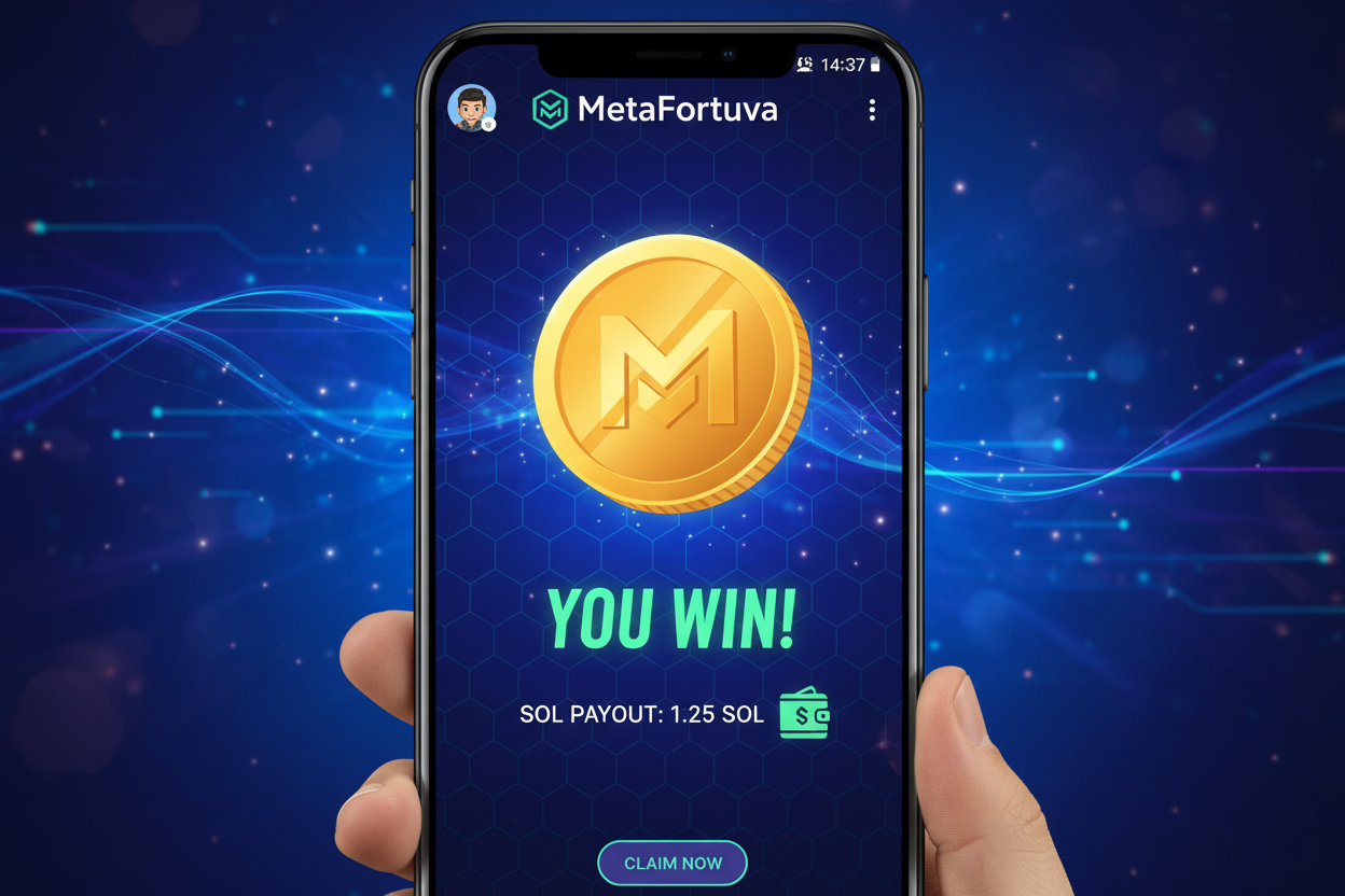 Dynamic MetaFortuva coinflip win screen screenshot showing real SOL payout on Solana blockchain during market dip at $81.15