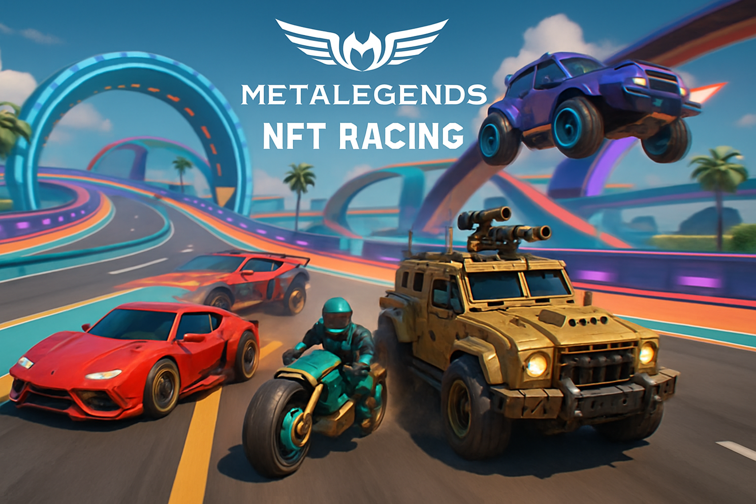 Dynamic Metalegends NFT racing screenshot showing customizable vehicles speeding on futuristic metaverse tracks in Web3 gaming