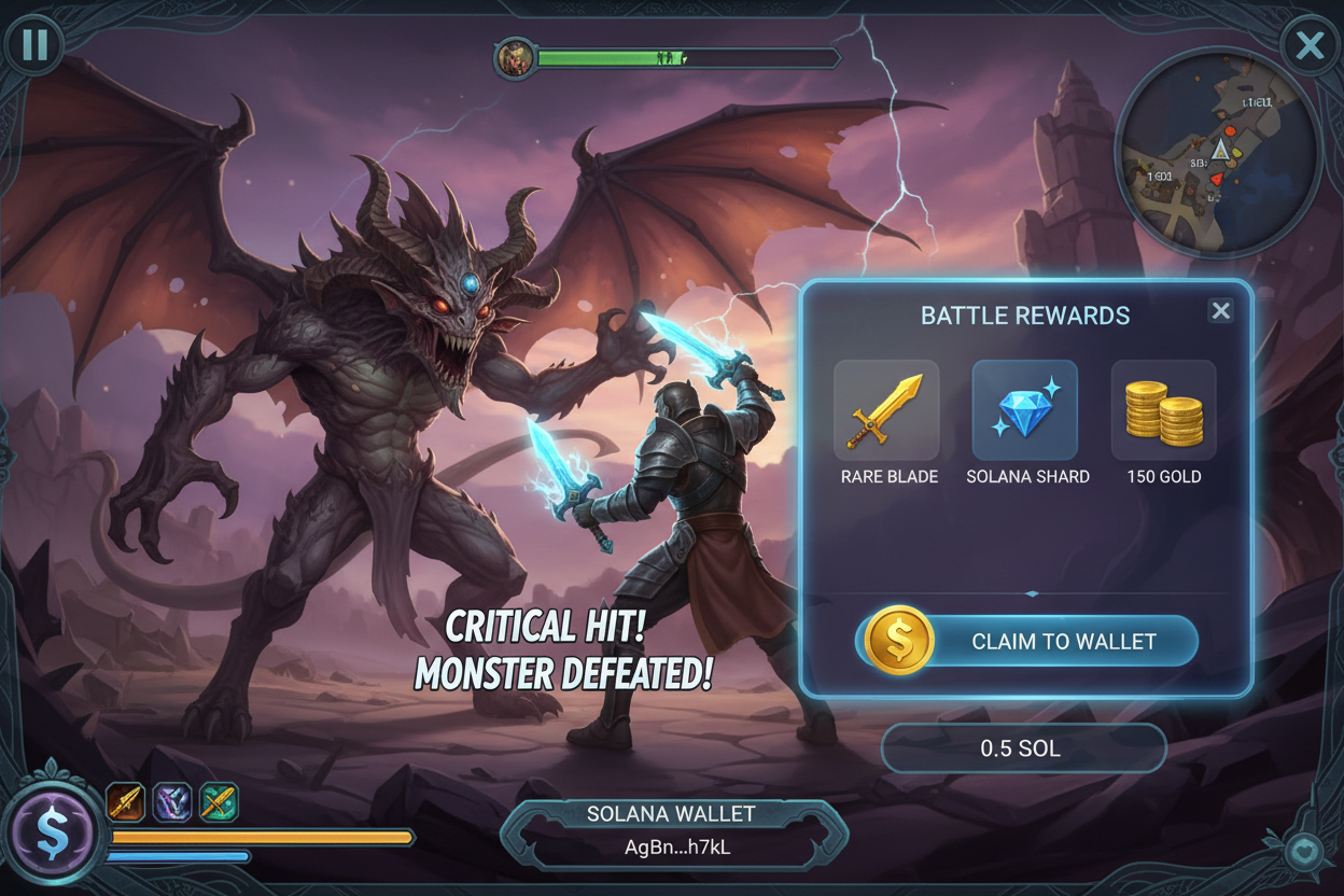Dynamic SolSlay gameplay screenshot showing intense monster battle on Solana blockchain with play-to-earn wallet rewards popping up